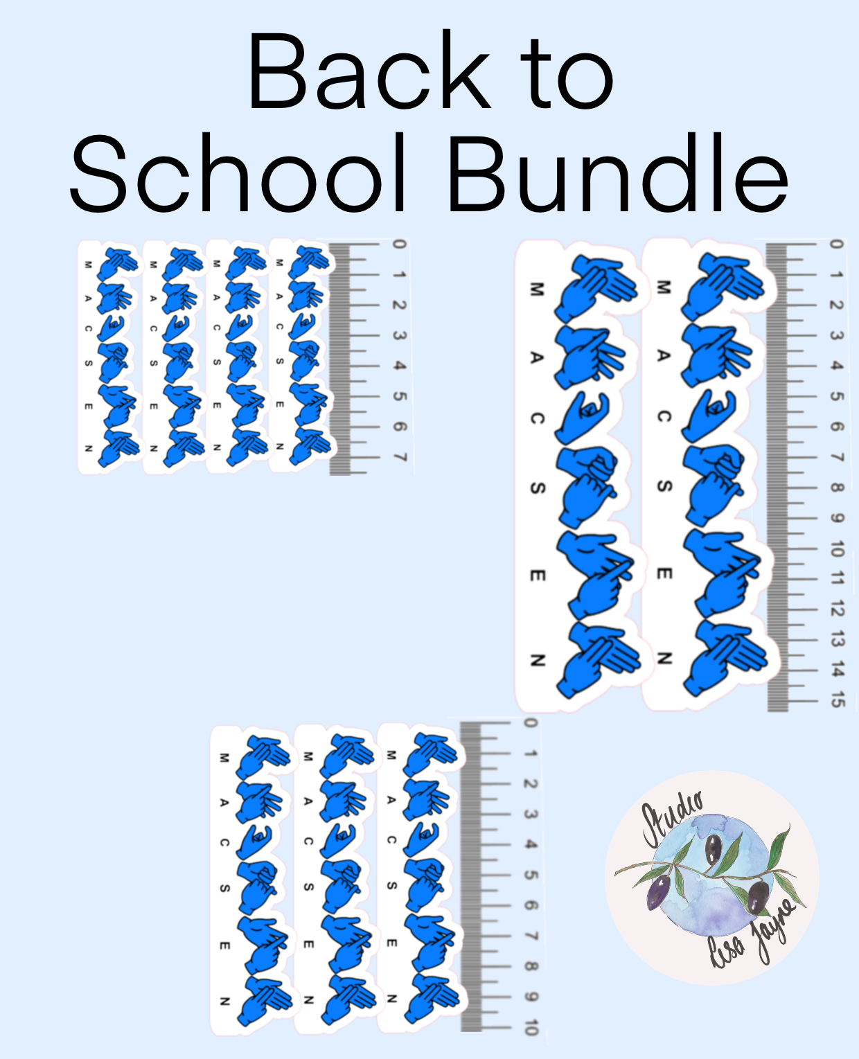 Back to School Bundle with blue handprints and rulers on a light blue background