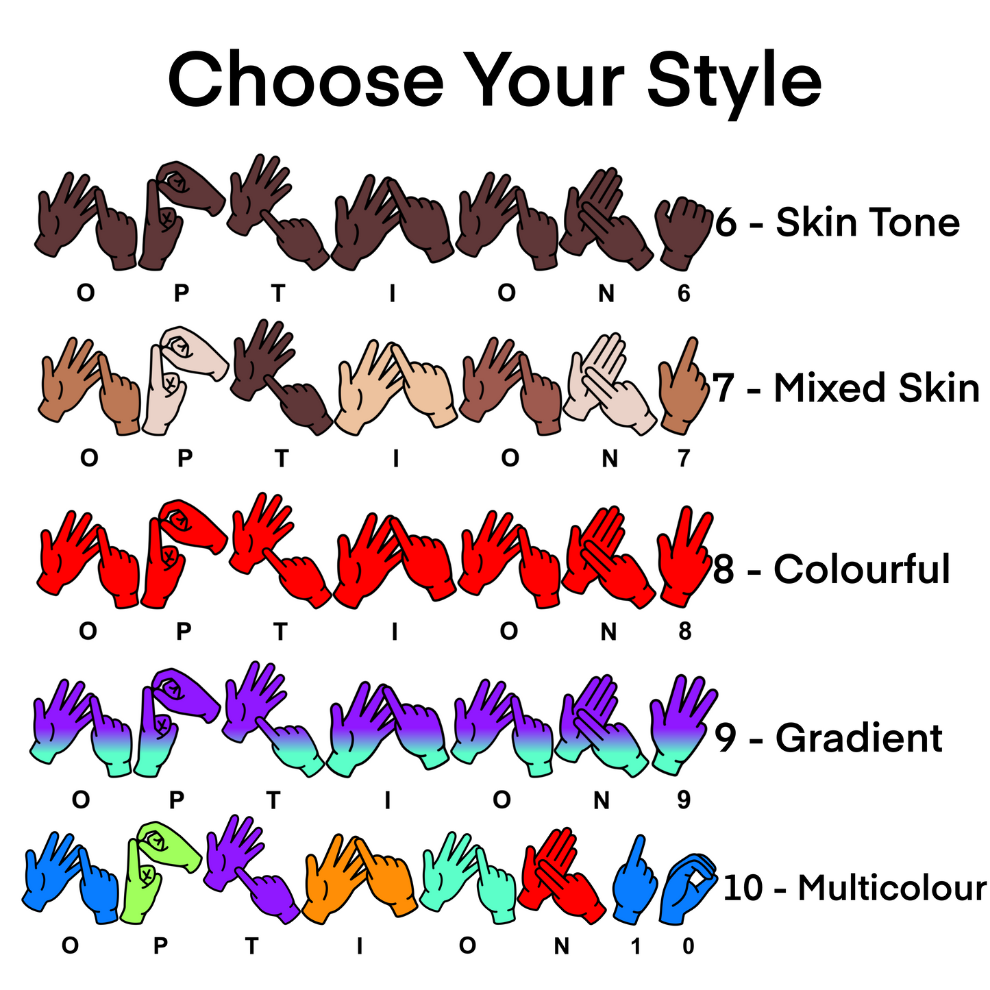 Color swatches for skin tones and styles with labeled options.