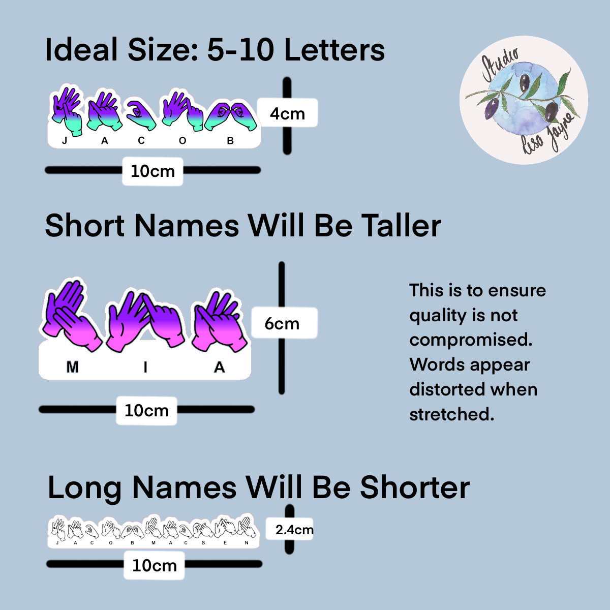 Diagram showing the ideal size range for decals with measurements of BSL Name stickers from Studio Lisa Jayne
