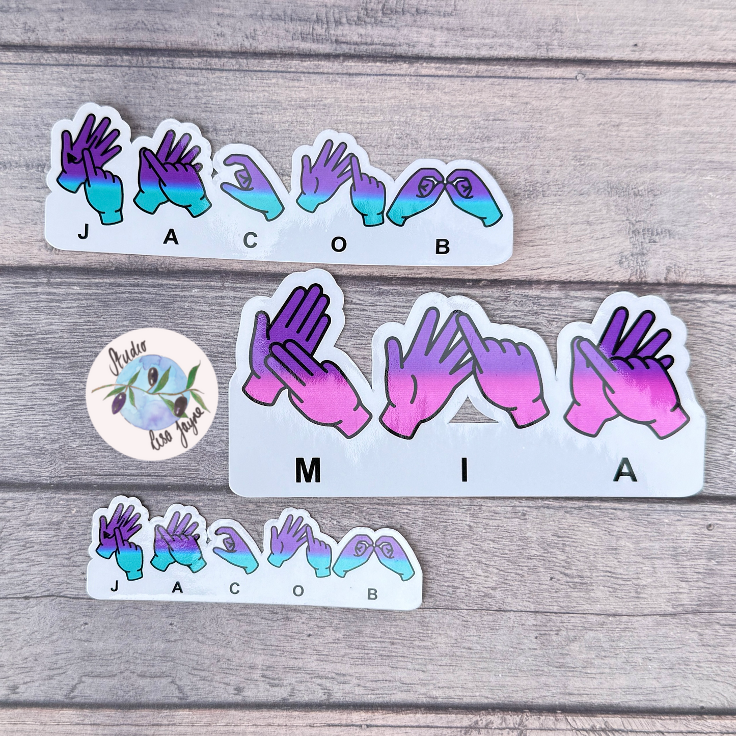 Sticker set with gradient hand designs spelling using BSL British Sign Language. Pink, Purple, Teal, Turquoise