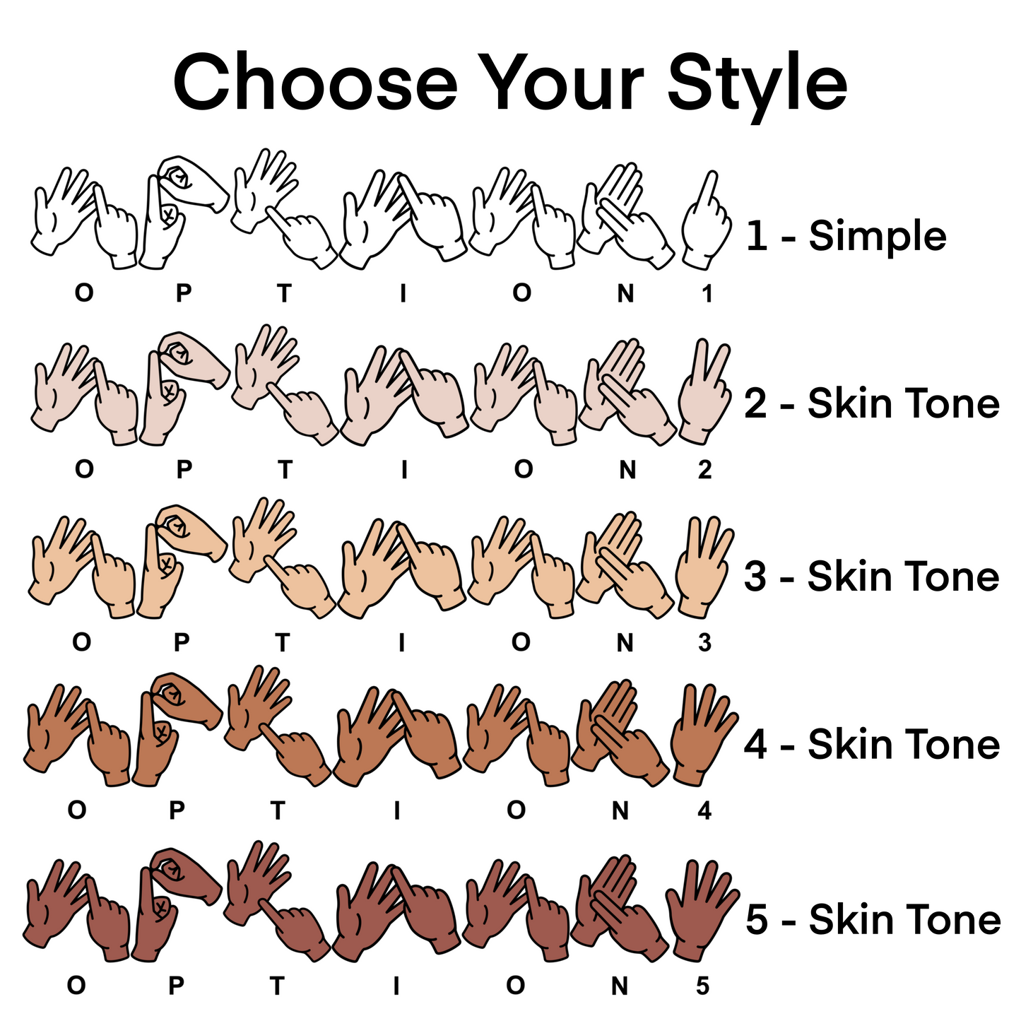 Illustrations of hands in various poses to spell names with BSL with color options labeled 'Simple', 'Skin Tone 1', 'Skin Tone 2', 'Skin Tone 3', 'Skin Tone 4', and 'Skin Tone 5'.
