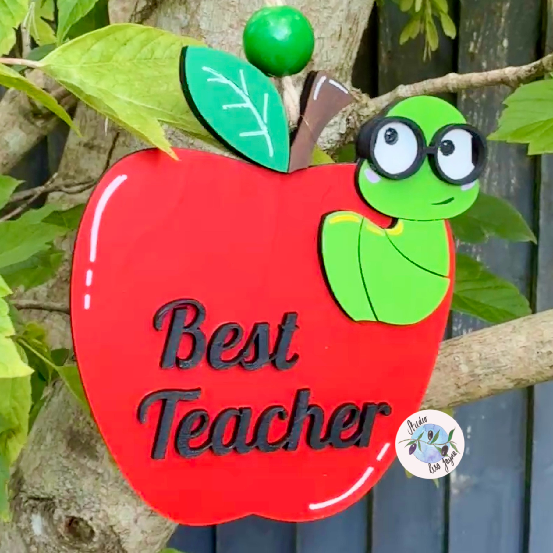 Best Teacher Apple End of Term Handmade Hanging Gift.  Layered plywood hand painted in red and green Thank You Teacher apple design
