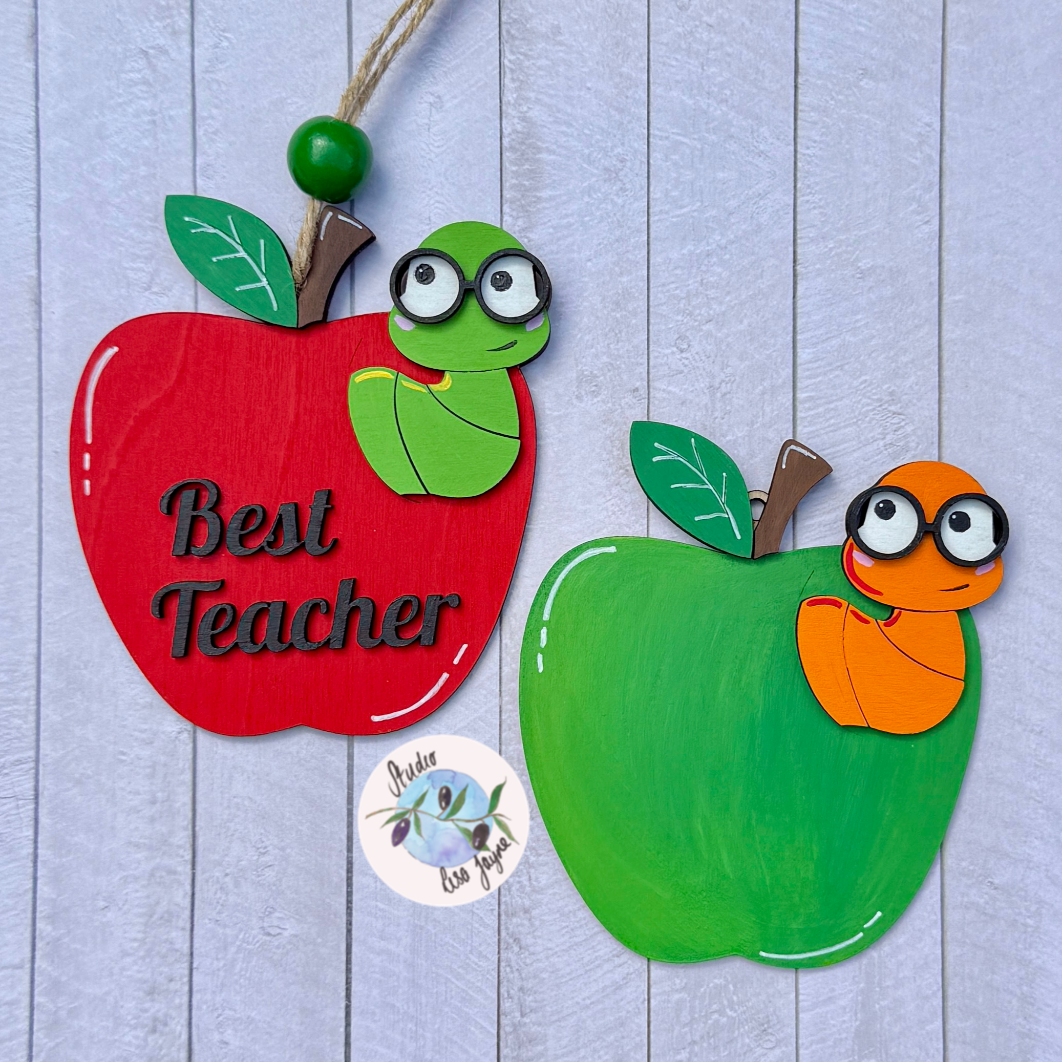 Best Teacher Apple End of Term Handmade Hanging Gift.  Layered plywood hand painted in red and green Thank You Teacher apple design
Red and Green options with personalised message available