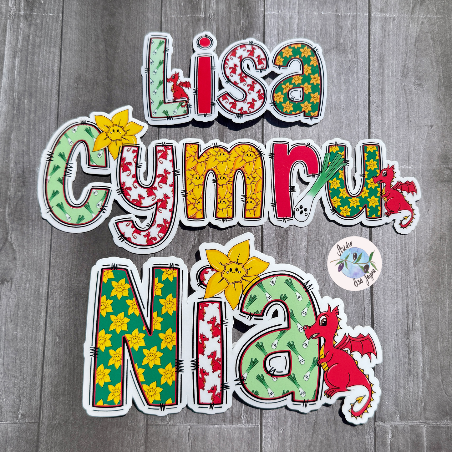 Wales Cymru Personalised Waterproof Vinyl Name Sticker - Dragon Leek Daffodil St David’s Day