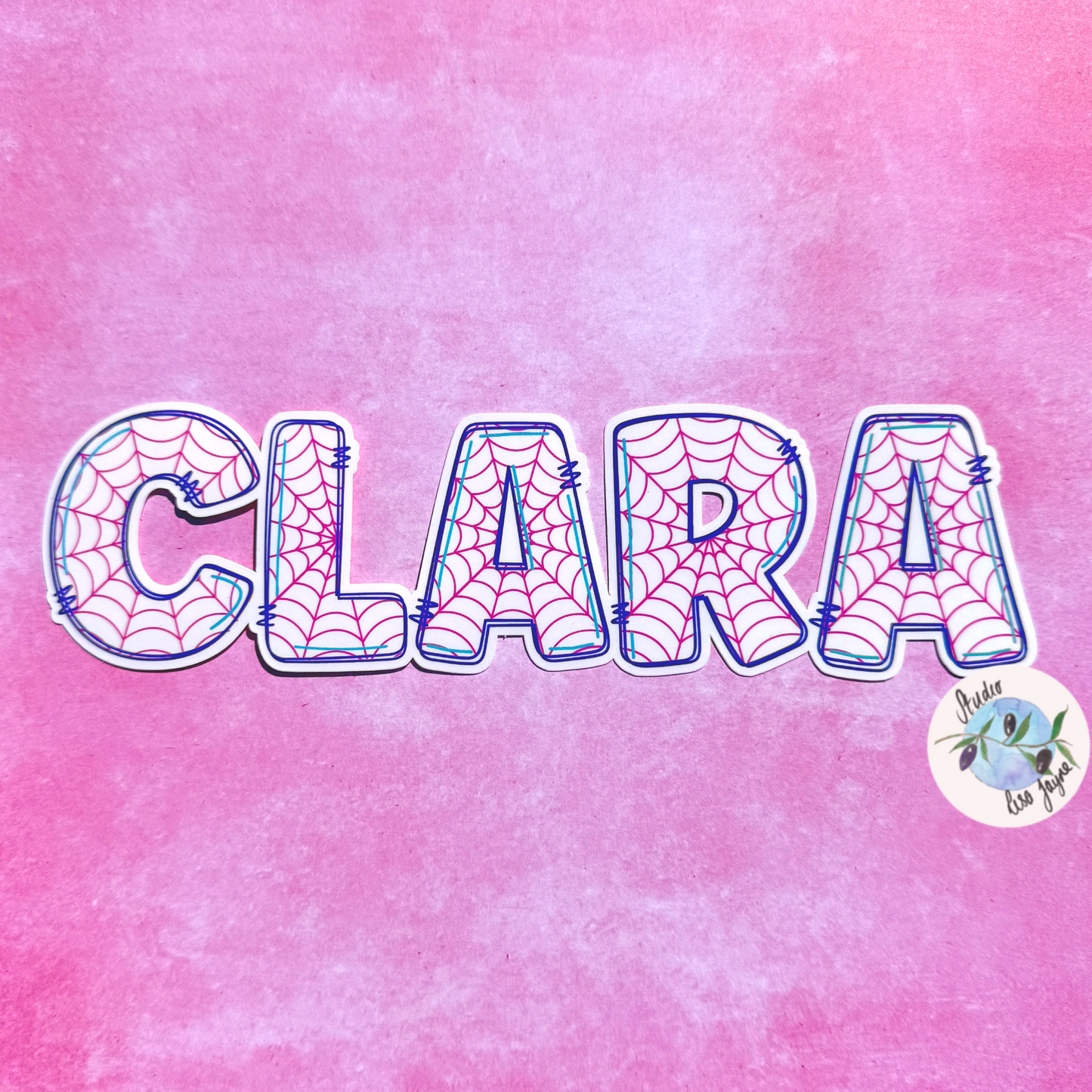 Spider man and woman themed personalised name stickers. Ping and White style for female Ghost spider Gwen Spiderman fans. Waterproof vinyl labels