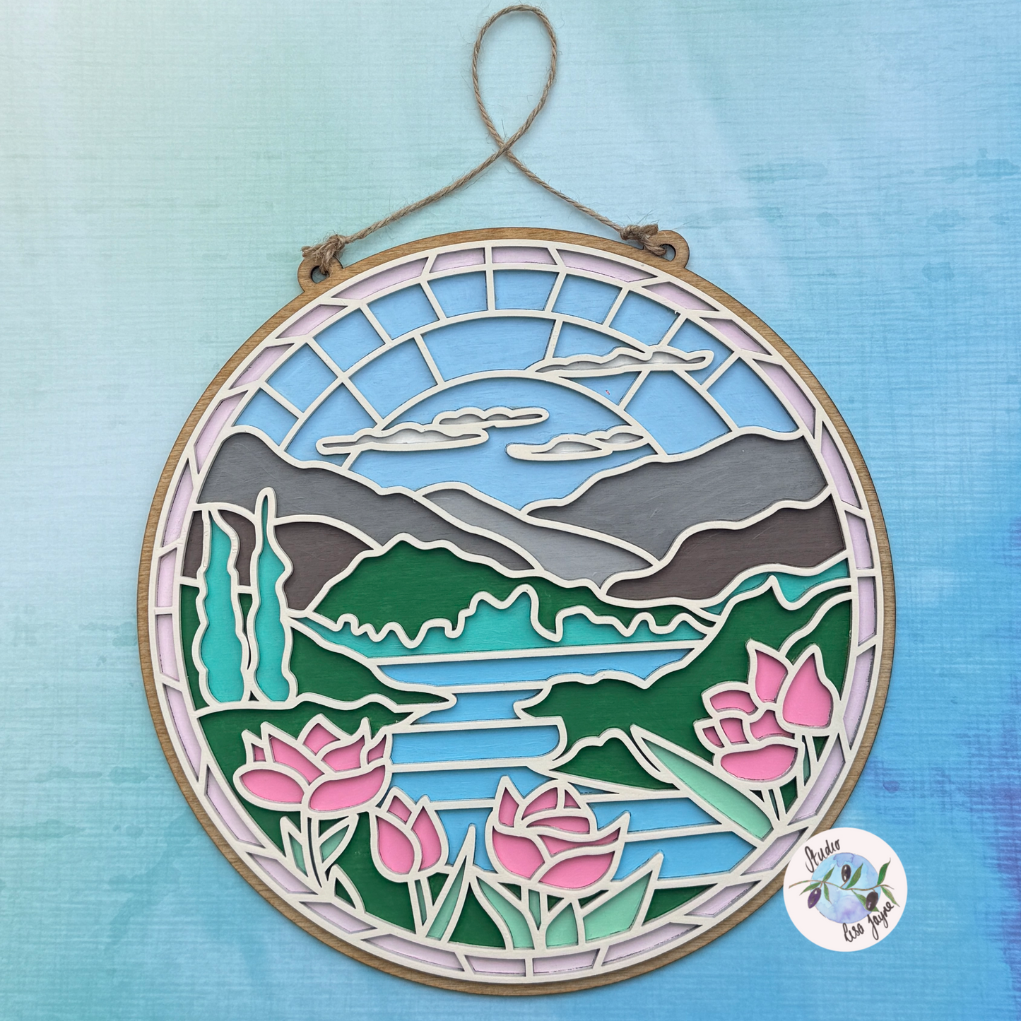 Stained Glass Style Hand Painted Sign Mountain Lake View Nature - beautiful blue background