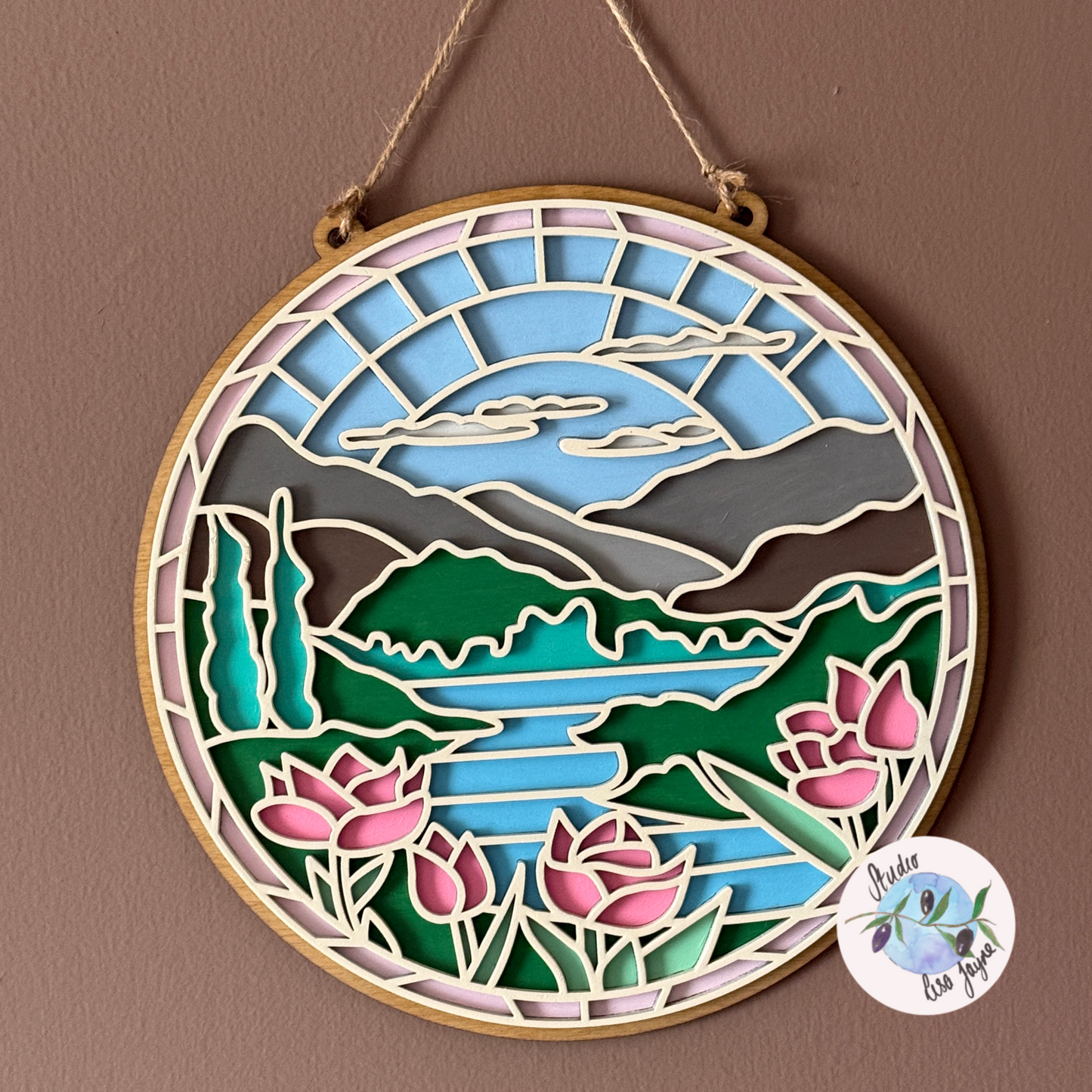 Stained Glass Style Hand Painted Sign Mountain Lake View Nature - Simple Brown background sunlight highlighting shadows
