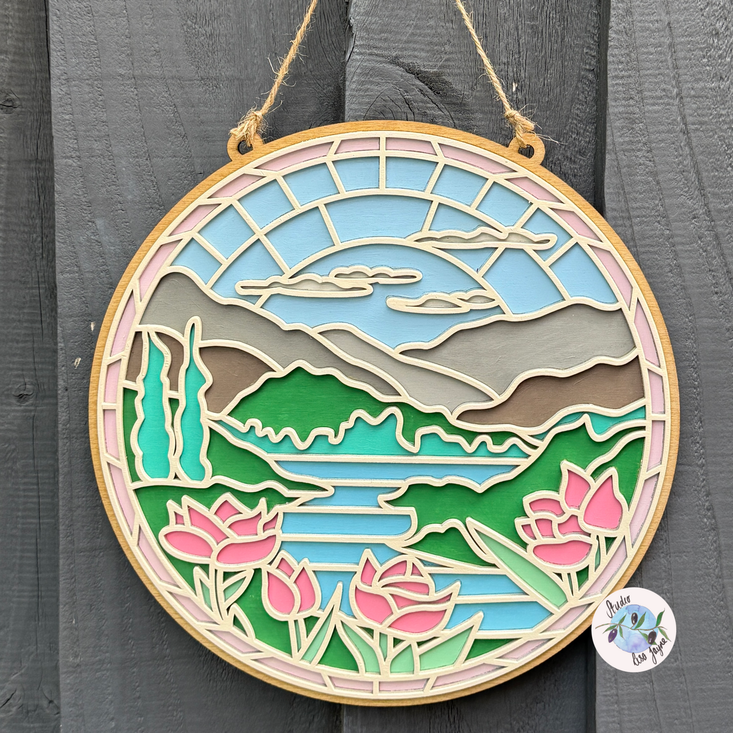 Stained Glass Style Hand Painted Sign Mountain Lake View Nature on Grey backdrop