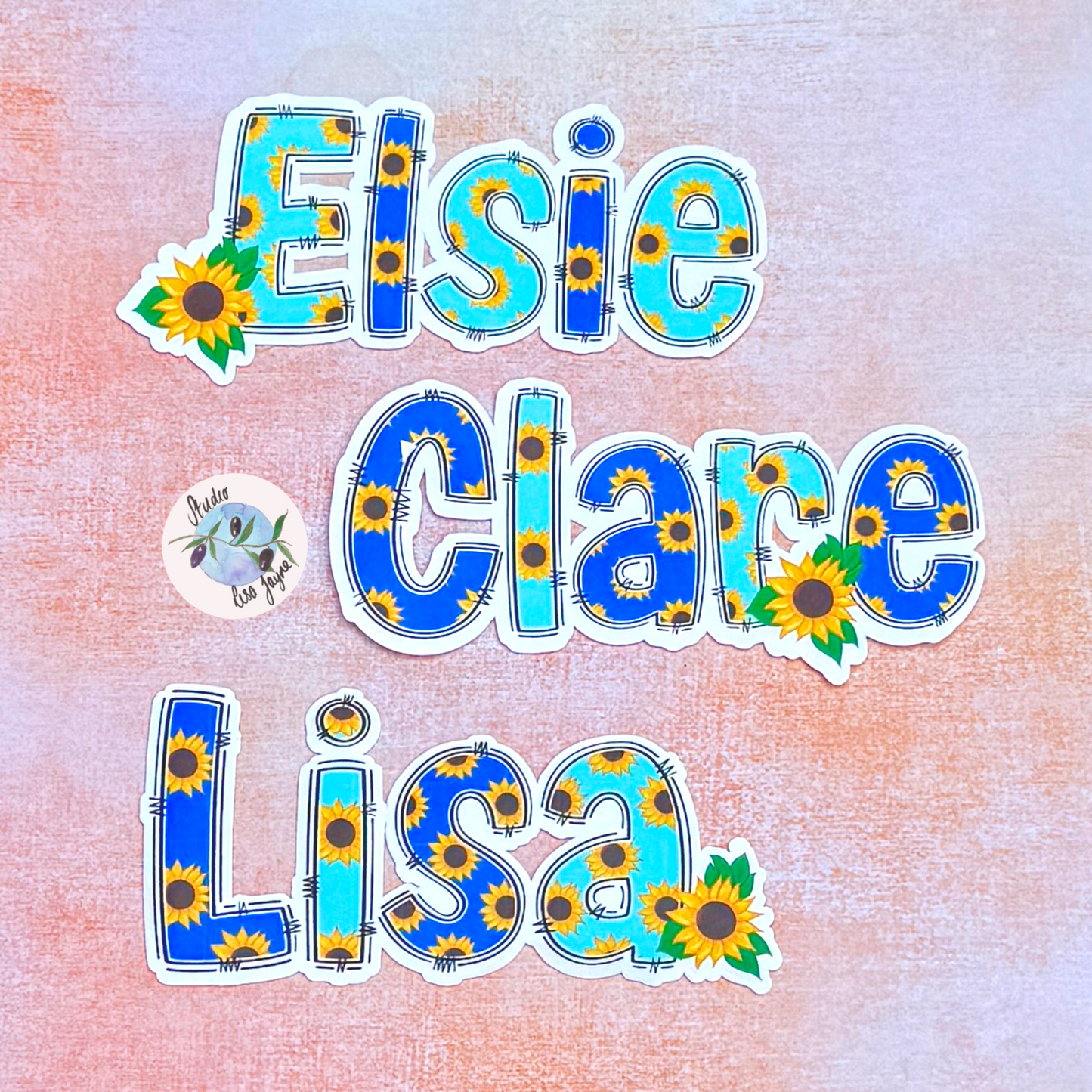 Vinyl Name Stickers 'Elisie', 'Clare', and 'Lisa' with sunflower designs on a textured background