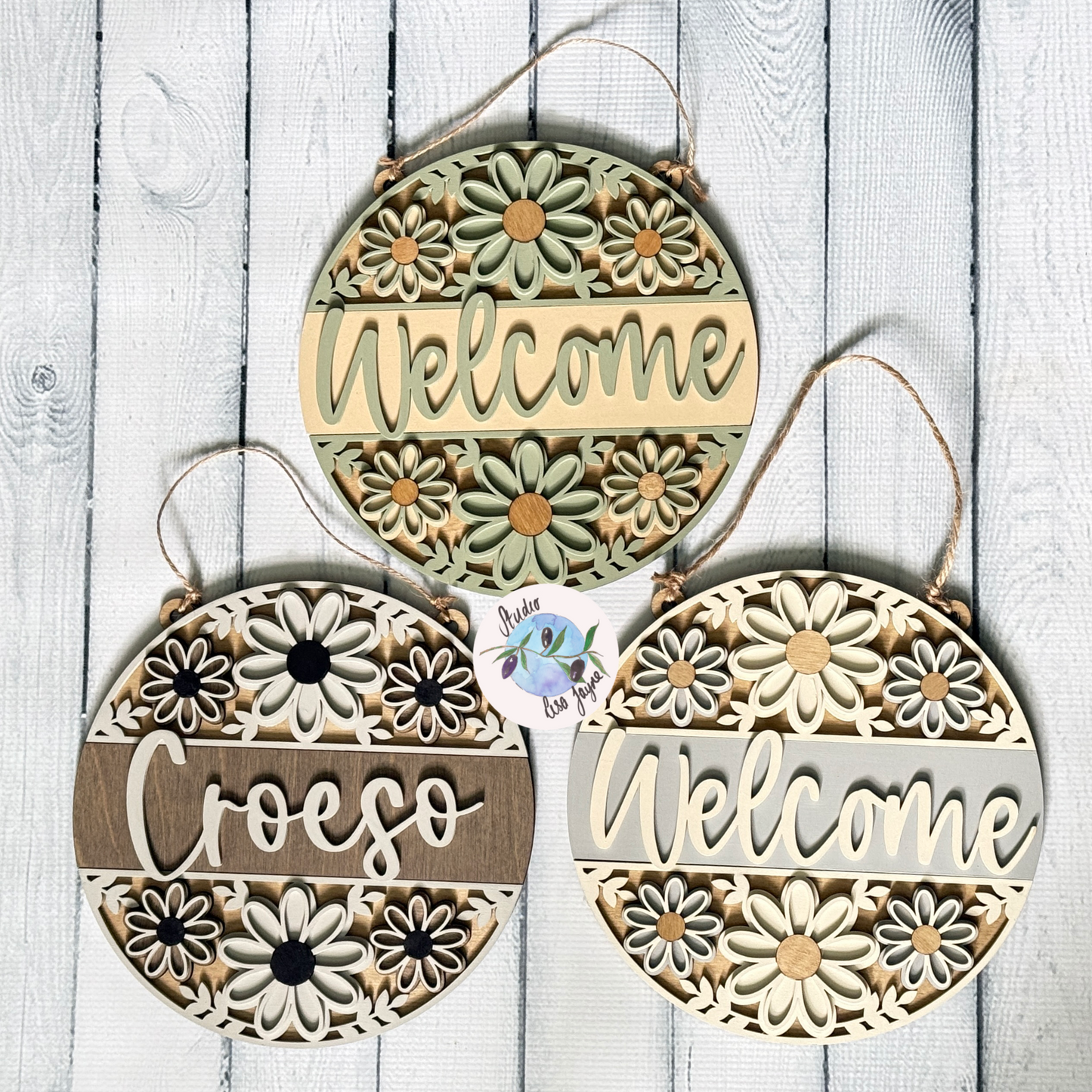 Welcome/Croeso Floral Handmade Hanging Wooden Sign - cream and green chalk paint flowers with wood stained accents. 3 different colour options