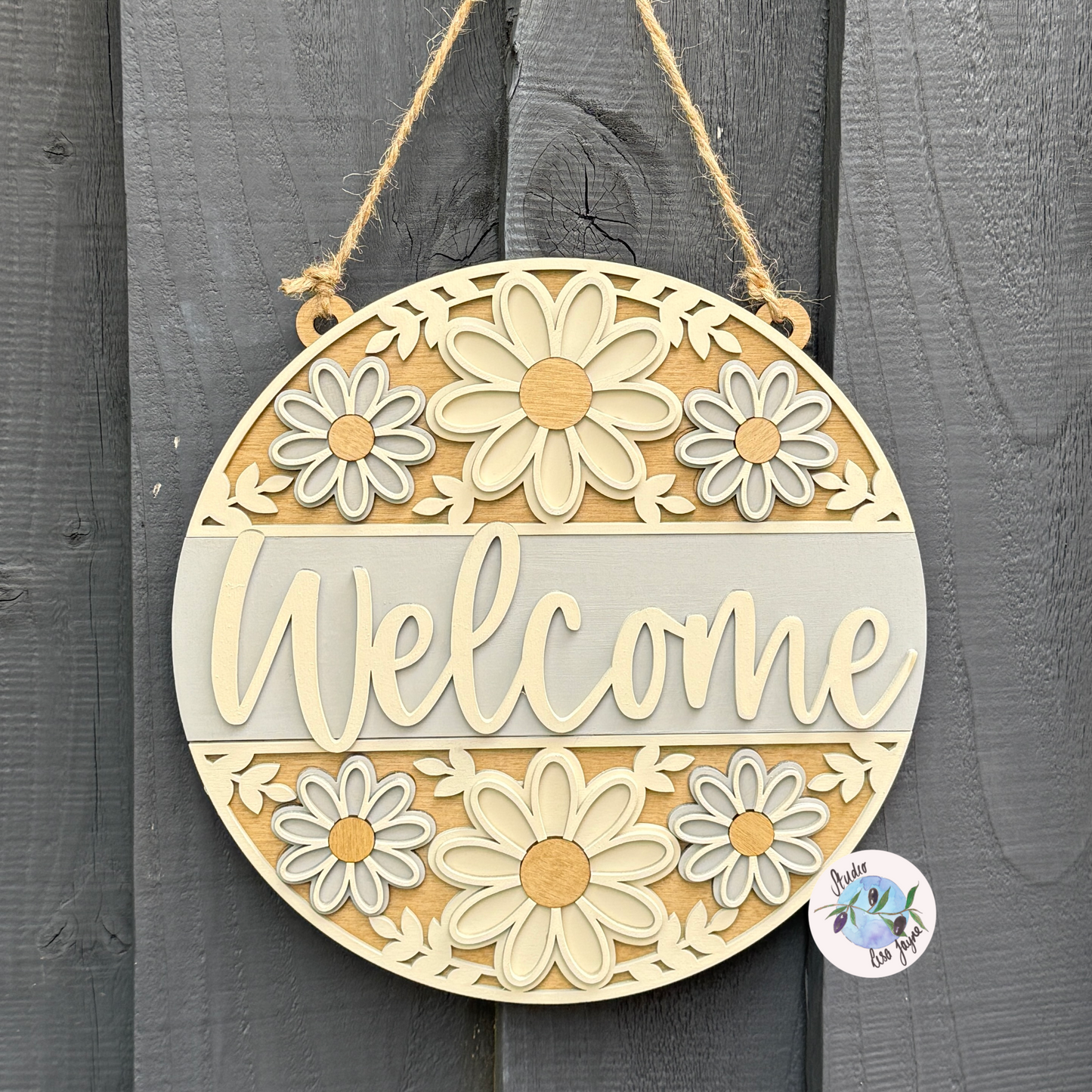 Welcome/Croeso Floral Handmade Hanging Wooden Sign - cream and grey/gray chalk paint flowers with wood stained accents. Simple Gray background