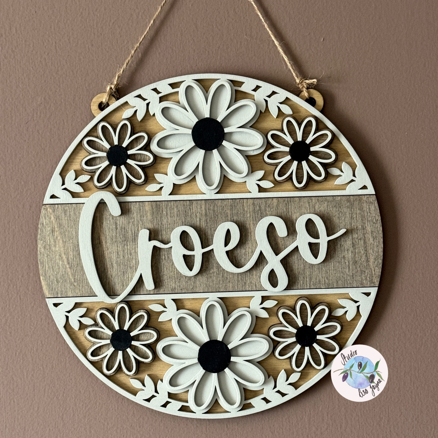 Welcome/Croeso Floral Handmade Hanging Wooden Sign - Grey Wood stain and Black/Cream chalk paint