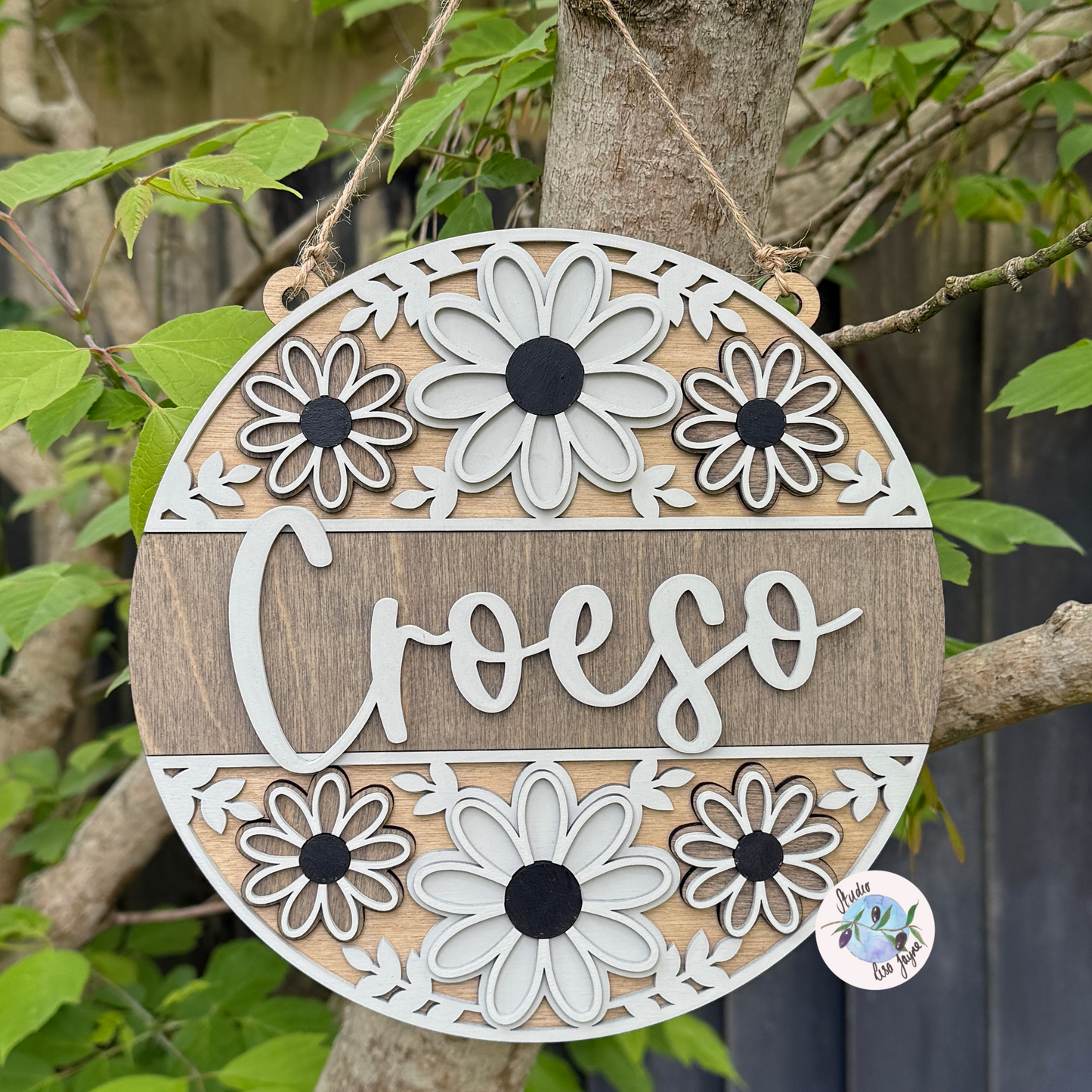 Welcome/Croeso Floral Handmade Hanging Wooden Sign - Grey wood stain centre with cream and dark grey chalk paint flowers