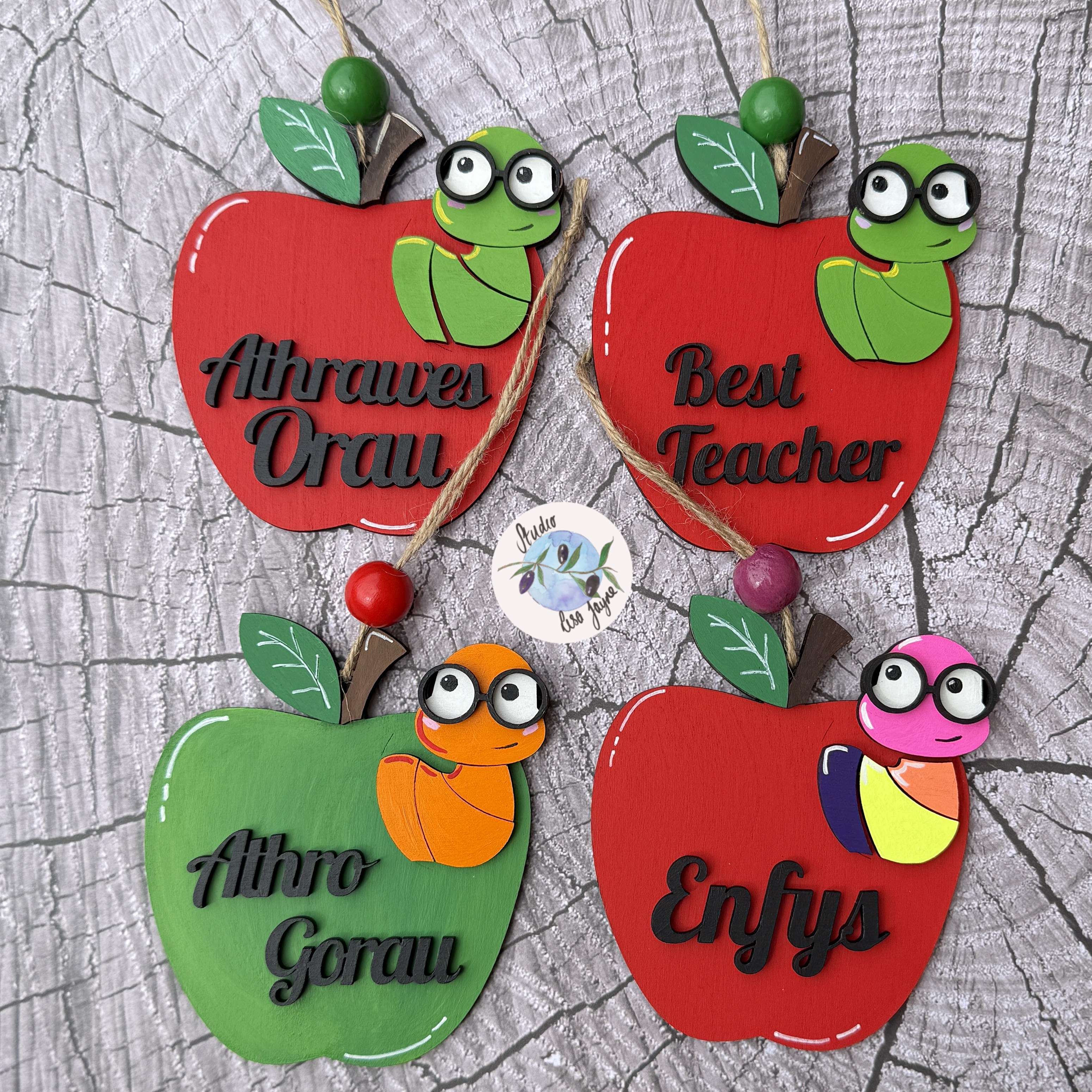 Welsh Best Teacher Athro Gorau Athrawes Orau Diolch Apple End of Term Handmade Hanging Gift Handpainted Enfys Rainbow