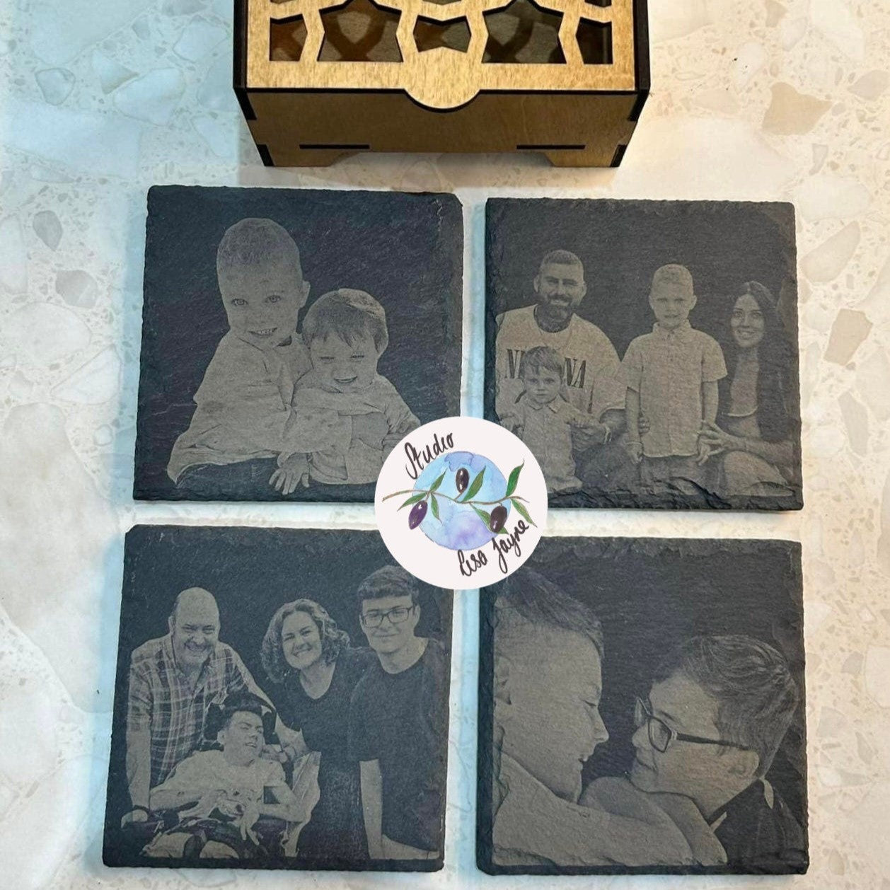 Set of family picture engraved slate coasters with unique storage box