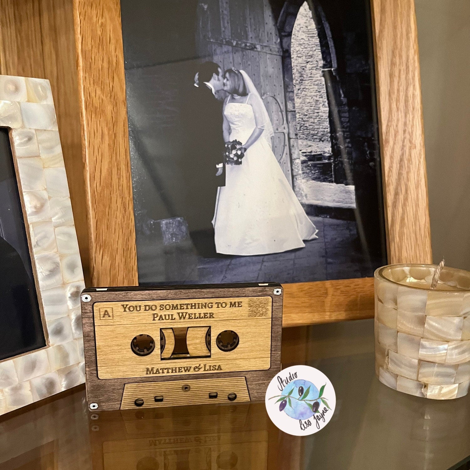 First Dance Song Cassette on display next to the wedding photo of Lisa from Studio Lisa Jayne