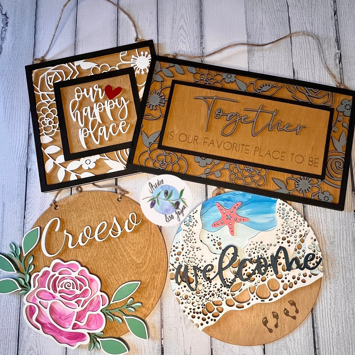 Handmade Handpainted Hanging Signs - Croeso rose, Welcome ocean beach, our happy place, together is our favourite place to be