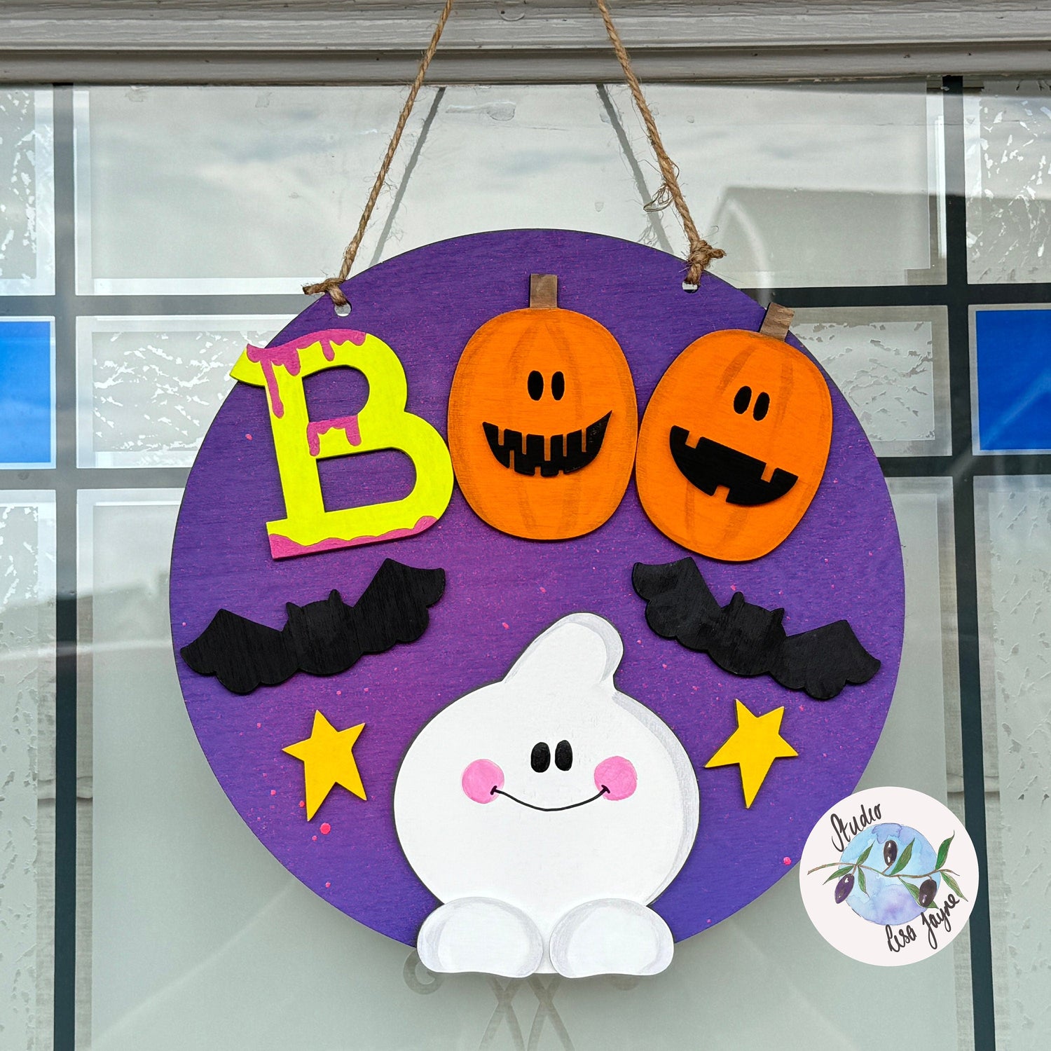 Halloween Door sign with the word boo, a friendly ghost and flying bats