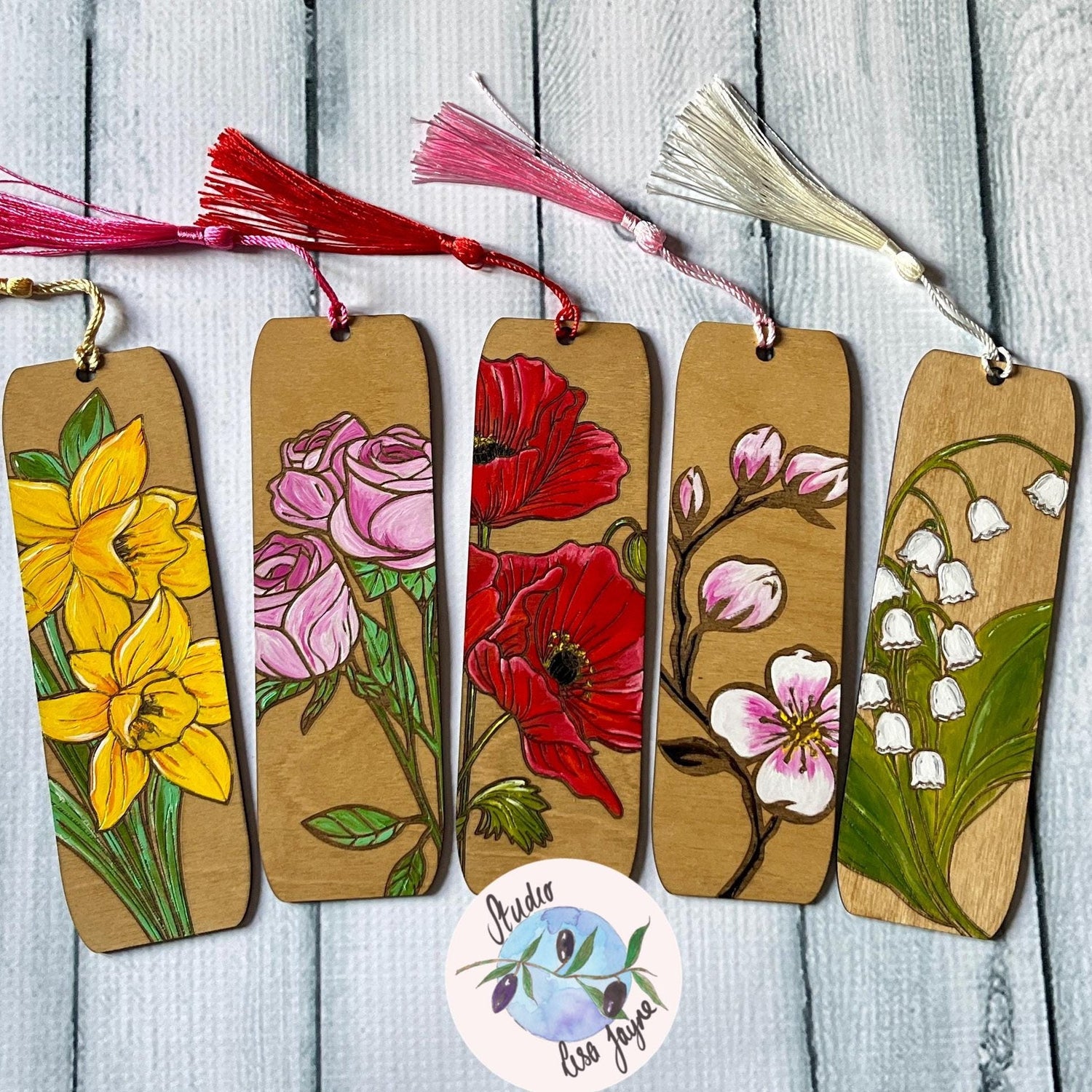 Handpainted flower bookmarks including daffodil and rose