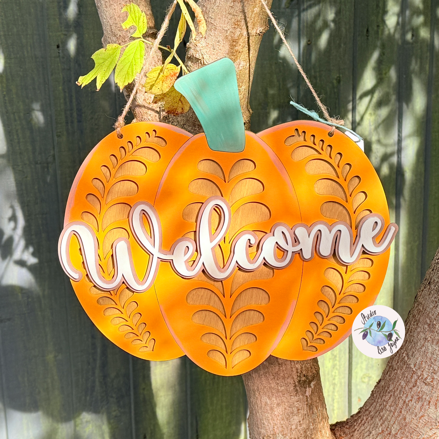 Unique Hand painted Welcome Pumpkin Autumn large sign 30cm x 30cm - hanging from an autumn tree