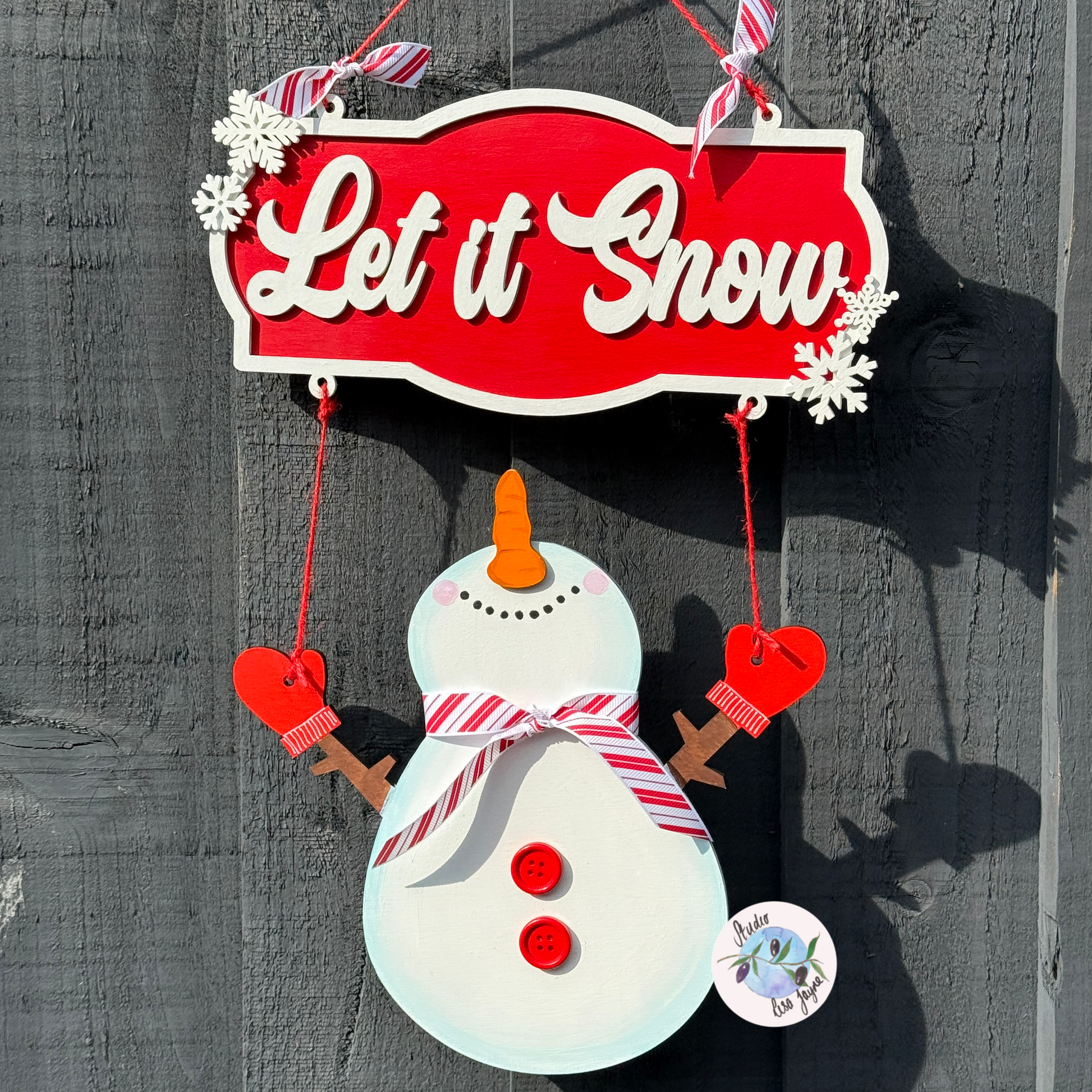 Snowman Hand Painted Hanging Handmade Wooden Sign - Let It Snow Christmas Decoration - grey wood