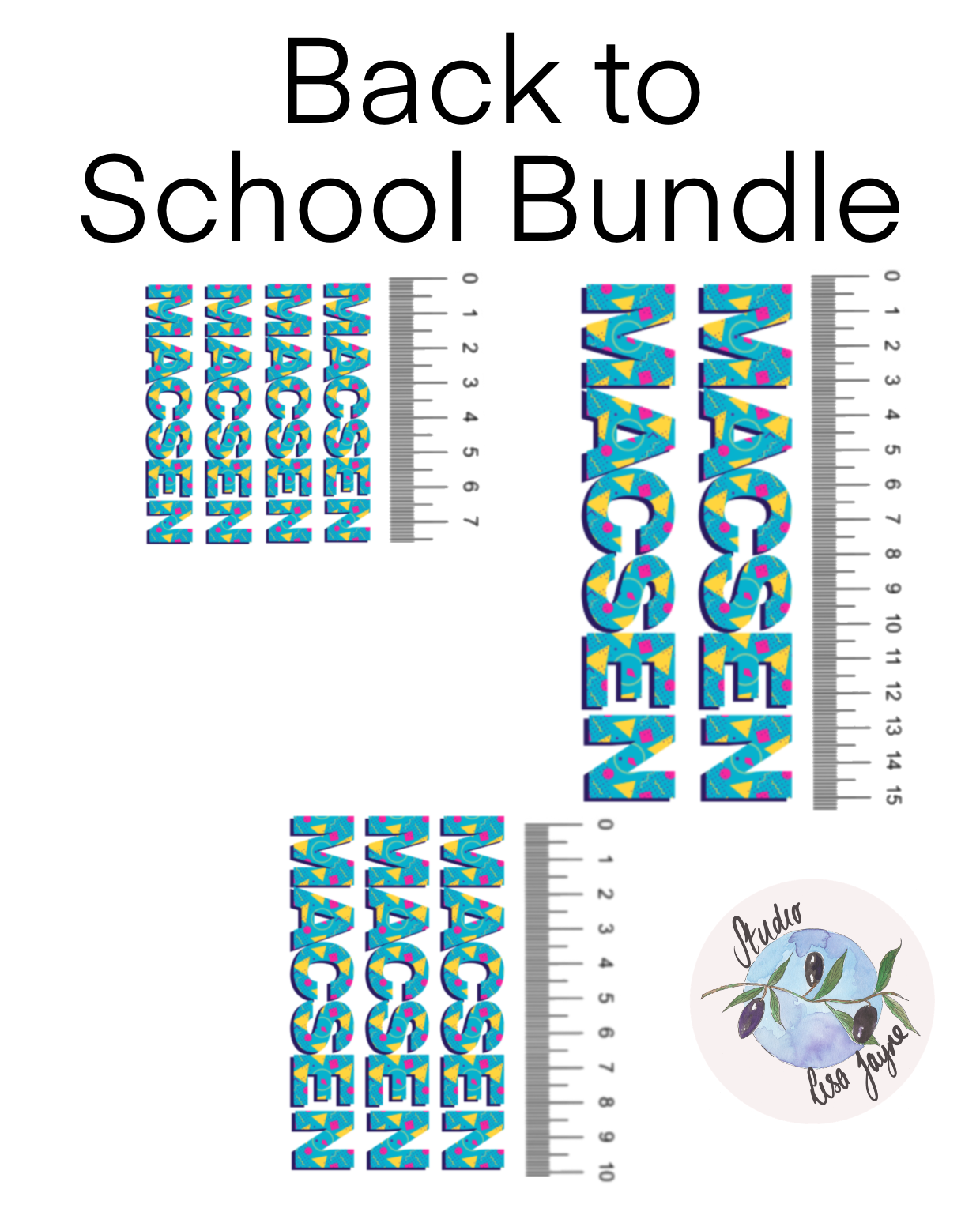 80s Style Personalised Waterproof Vinyl Name Sticker Patterned Geometric Retro - Showing what's included in the back to school bundle