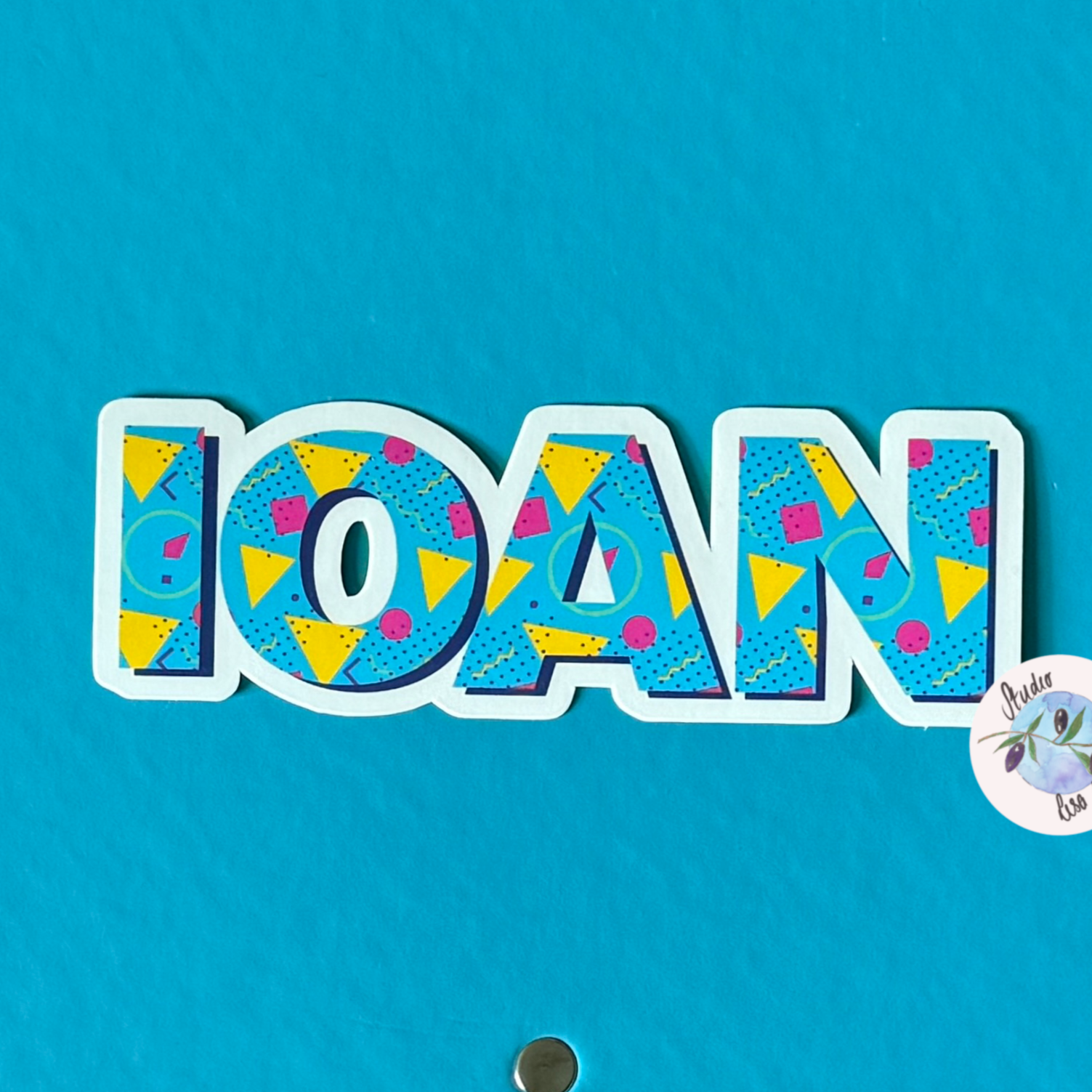 80s Style Personalised Waterproof Vinyl Name Sticker Patterned Geometric Retro Closeup on Ioan name label