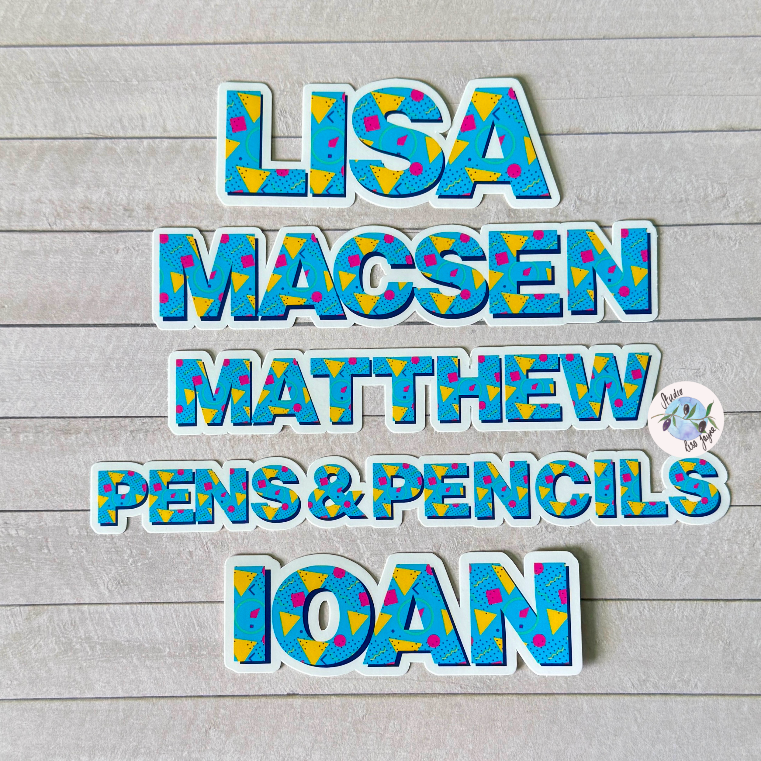 80s Style Personalised Waterproof Vinyl Name Sticker Patterned Geometric Retro - Collection of names Lisa, Macsen, Matthew and Ioan