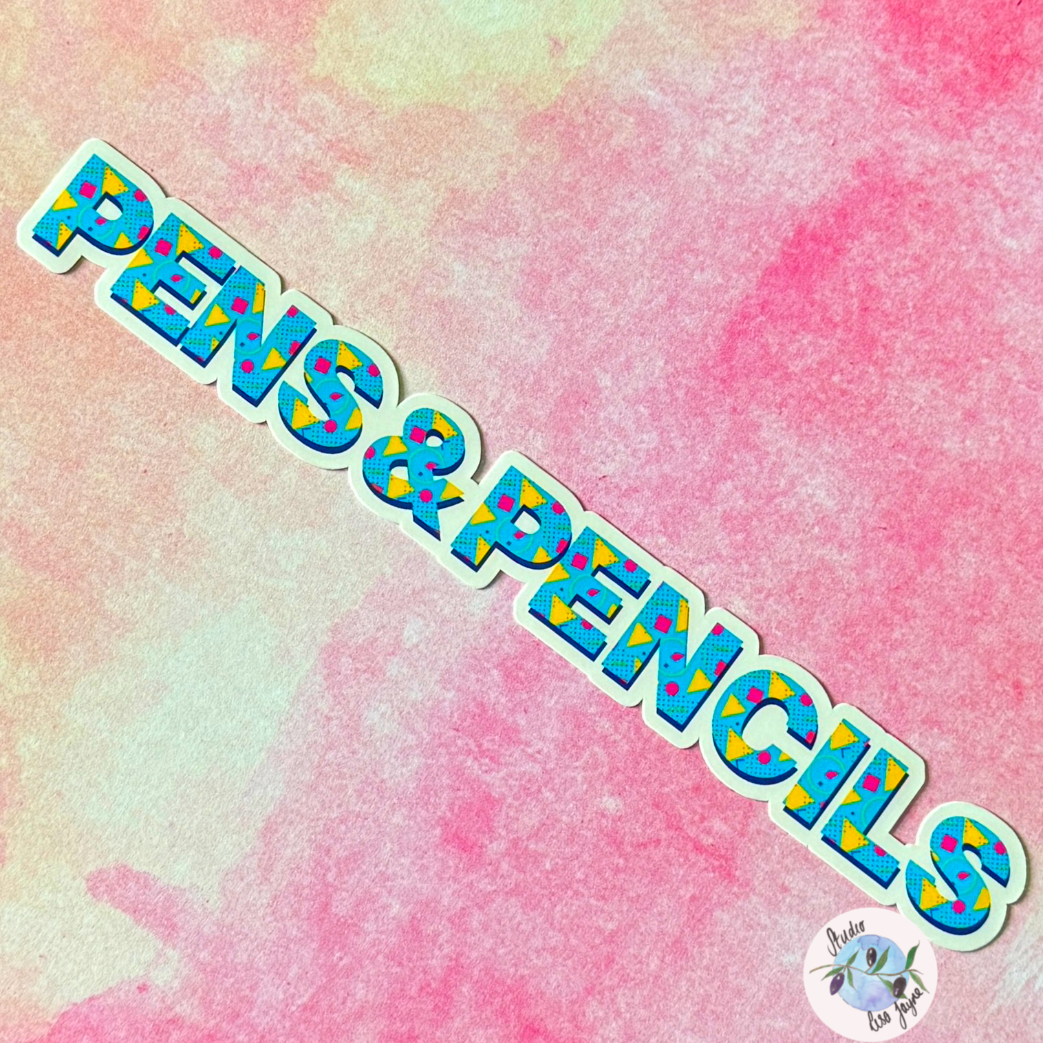 80s Style Personalised Waterproof Vinyl Name Sticker Patterned Geometric Retro - Pencil case Sticker showing example of a long name/message