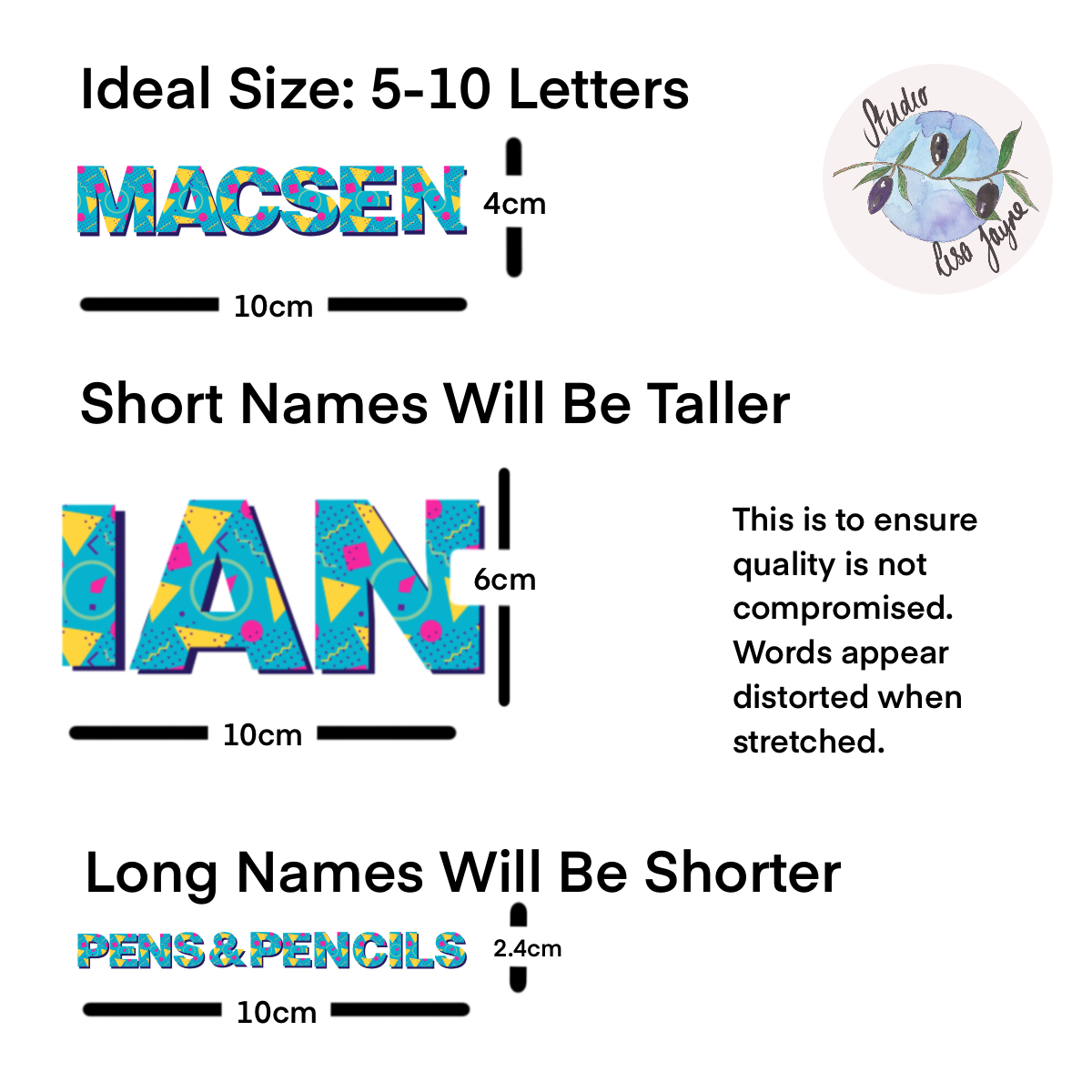 80s Style Personalised Waterproof Vinyl Name Sticker Patterned Geometric Retro - Size Chart