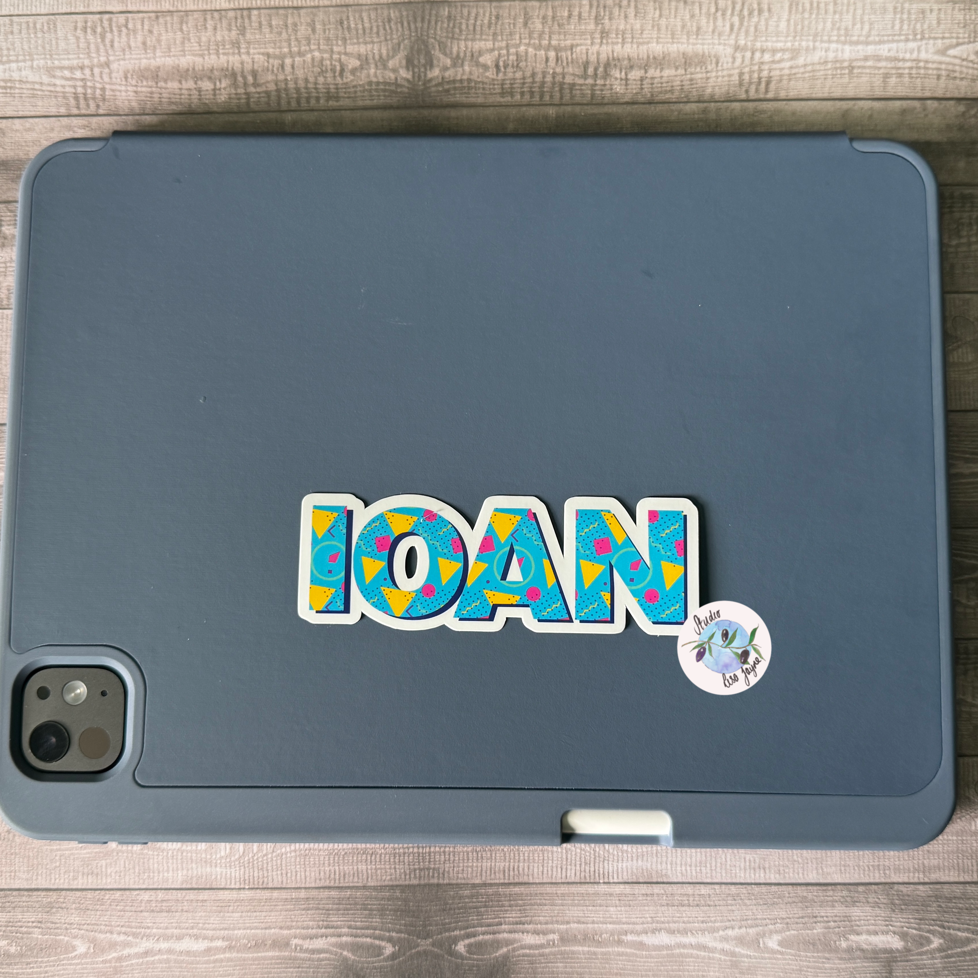 80s Style Personalised Waterproof Vinyl Name Sticker Patterned Geometric Retro - Applied to an iPad tablet