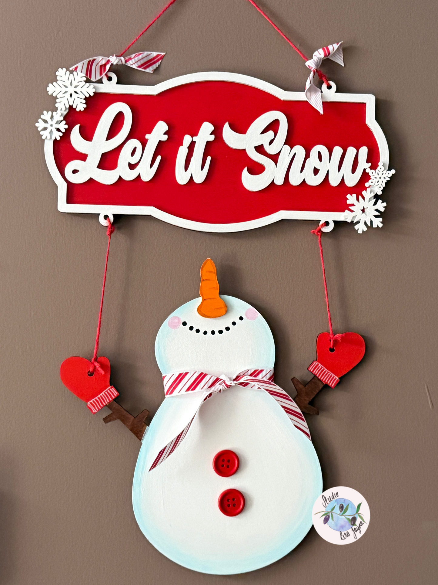 Snowman Hand Painted Hanging Handmade Wooden Sign - Let It Snow Christmas Decoration - simple backdrop