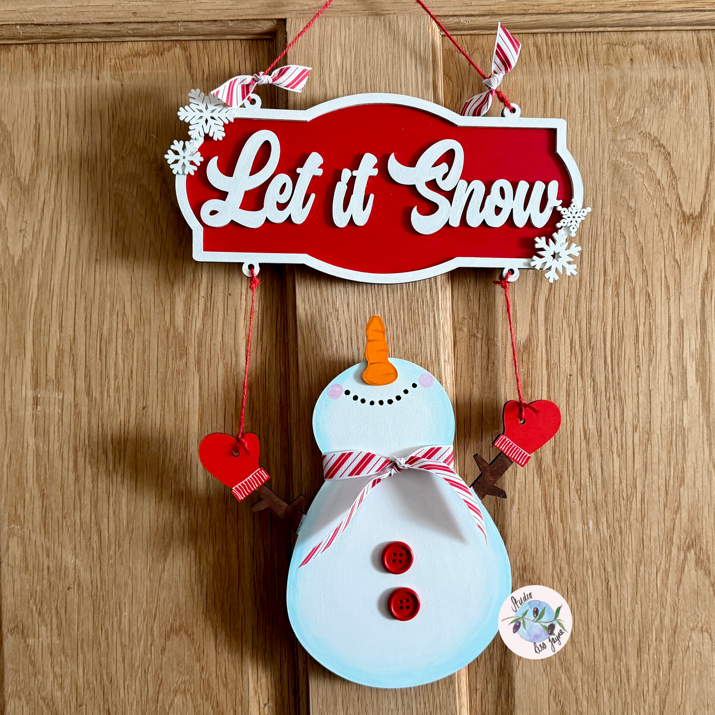 Snowman Hand Painted Hanging Handmade Wooden Sign - Let It Snow Christmas Decoration - hanging on a door