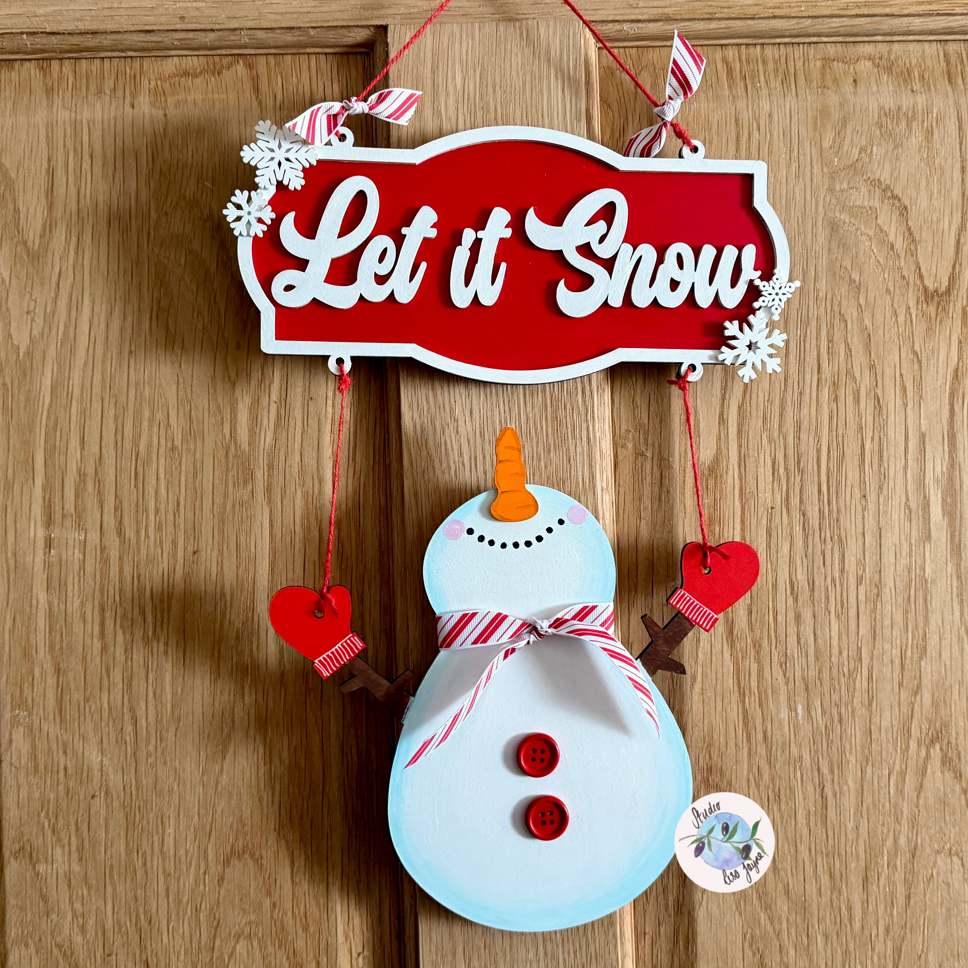 Snowman Hand Painted Hanging Handmade Wooden Sign - Let It Snow Christmas Decoration - hanging on a door