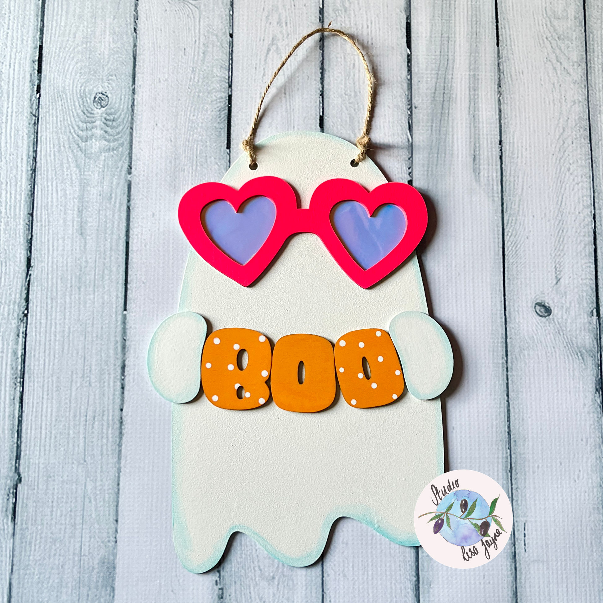 Cute kawaii ghost Halloween sign - wearing reflective glasses and holding a boo sign - whitewash wood