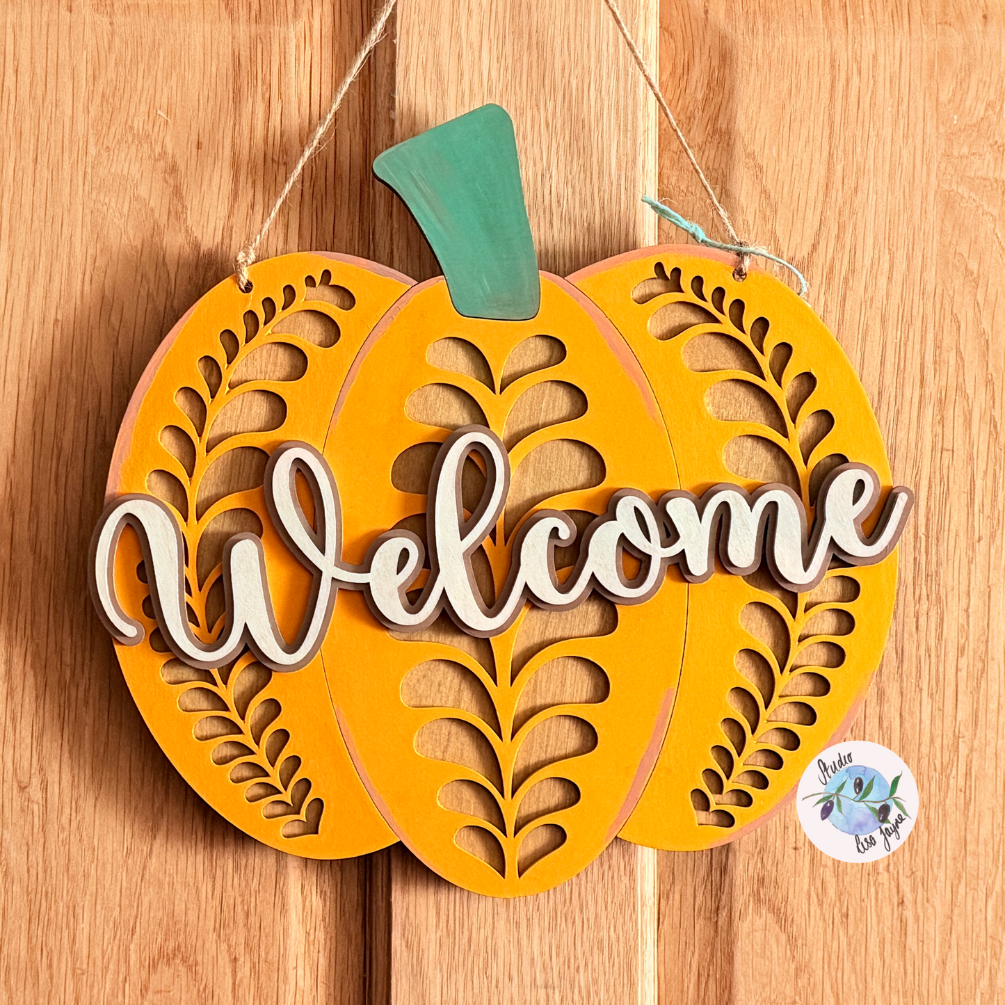 Hand painted Welcome Pumpkin Autumn large sign 30cm x 30cm - hanging from an oak door