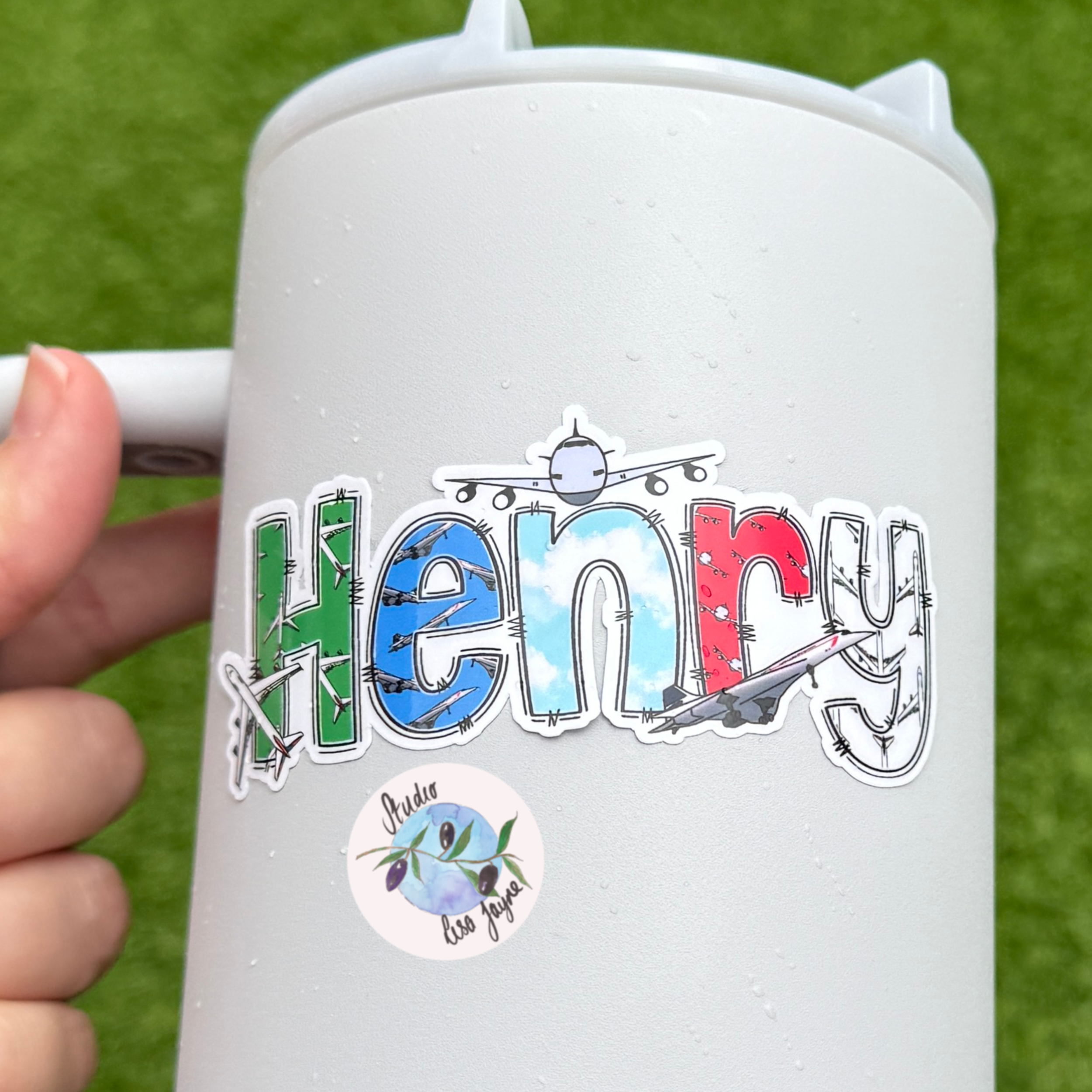White drink bottle with Aeroplane Airplane 'Henry' design