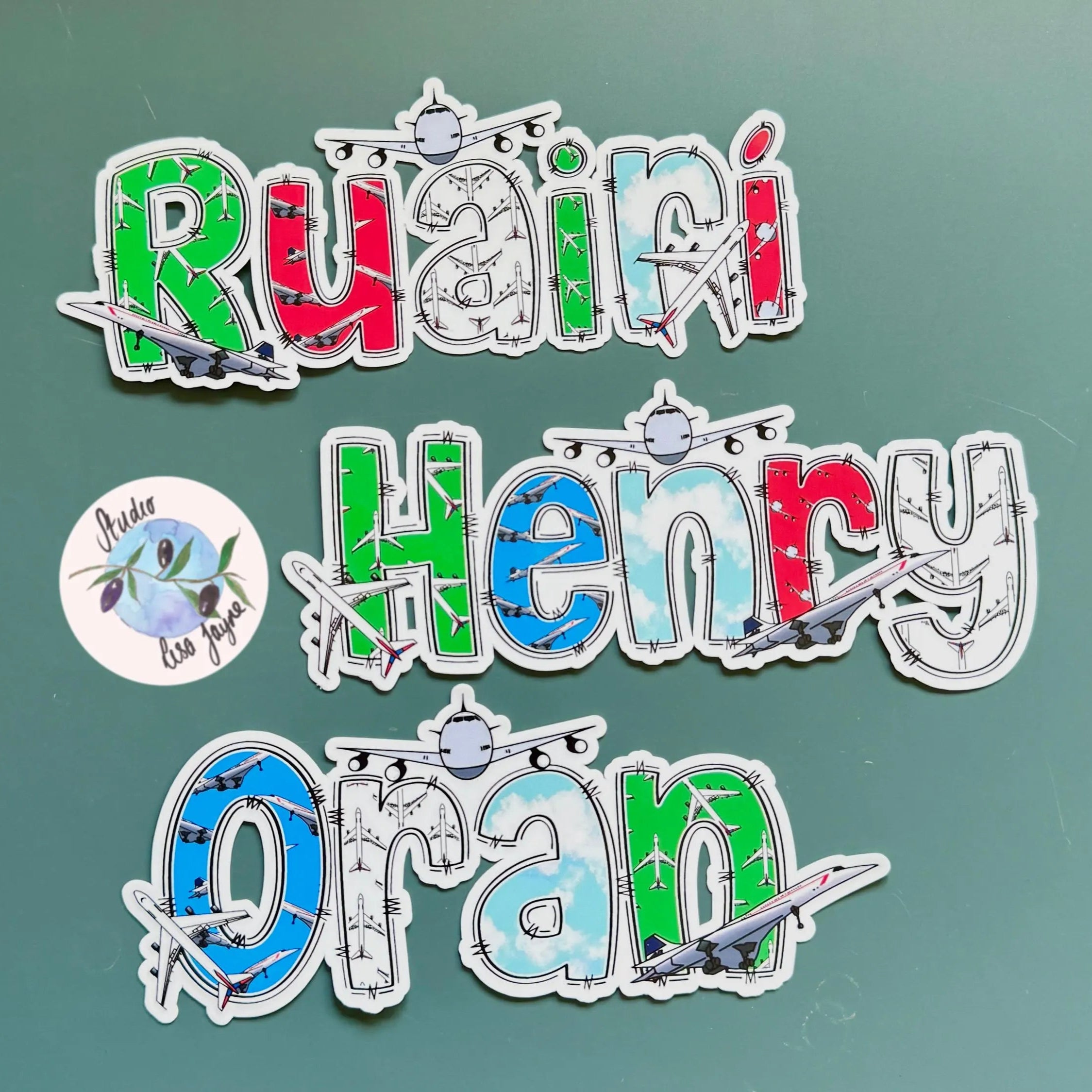 Colorful Aeroplane Airplane name stickers on a green background