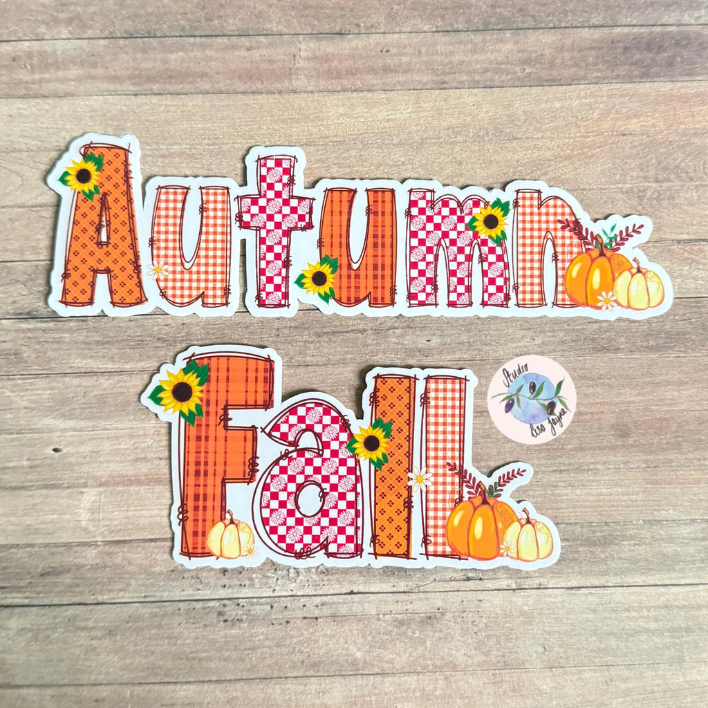 Autumn-themed stickers with checkered patterns, pumpkins, and sunflowers on a wooden background.