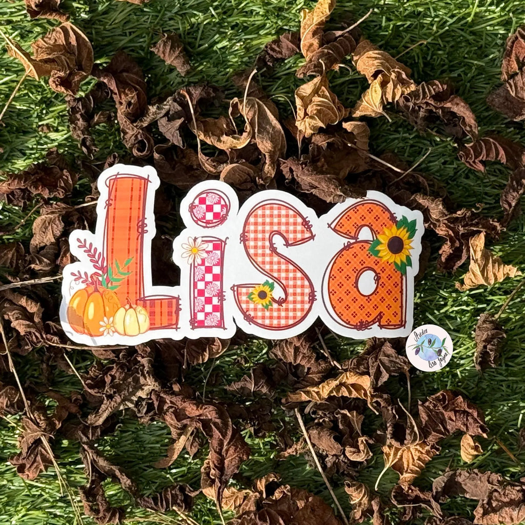 Autumn Sticker with 'Lisa' design on a background of green and brown leaves