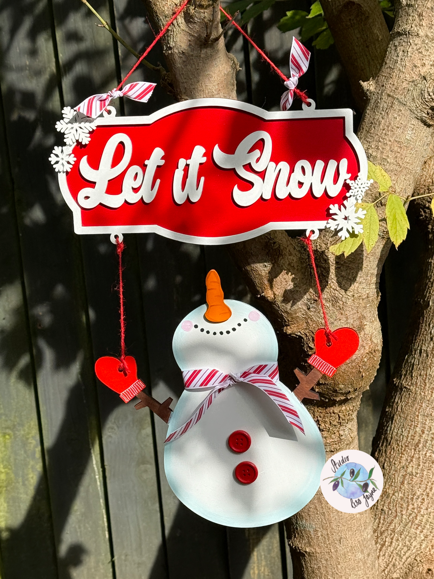 Snowman Hand Painted Hanging Handmade Wooden Sign - Let It Snow Christmas Decoration - hanging tree