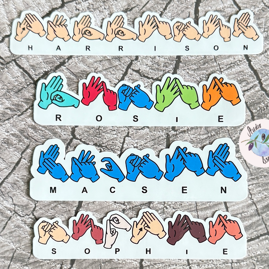 Set of hand-shaped stickers with coloured hands spelling names using BSM (British Sign Language) and names