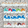 Set of hand-shaped stickers with coloured hands spelling names using BSM (British Sign Language) and names