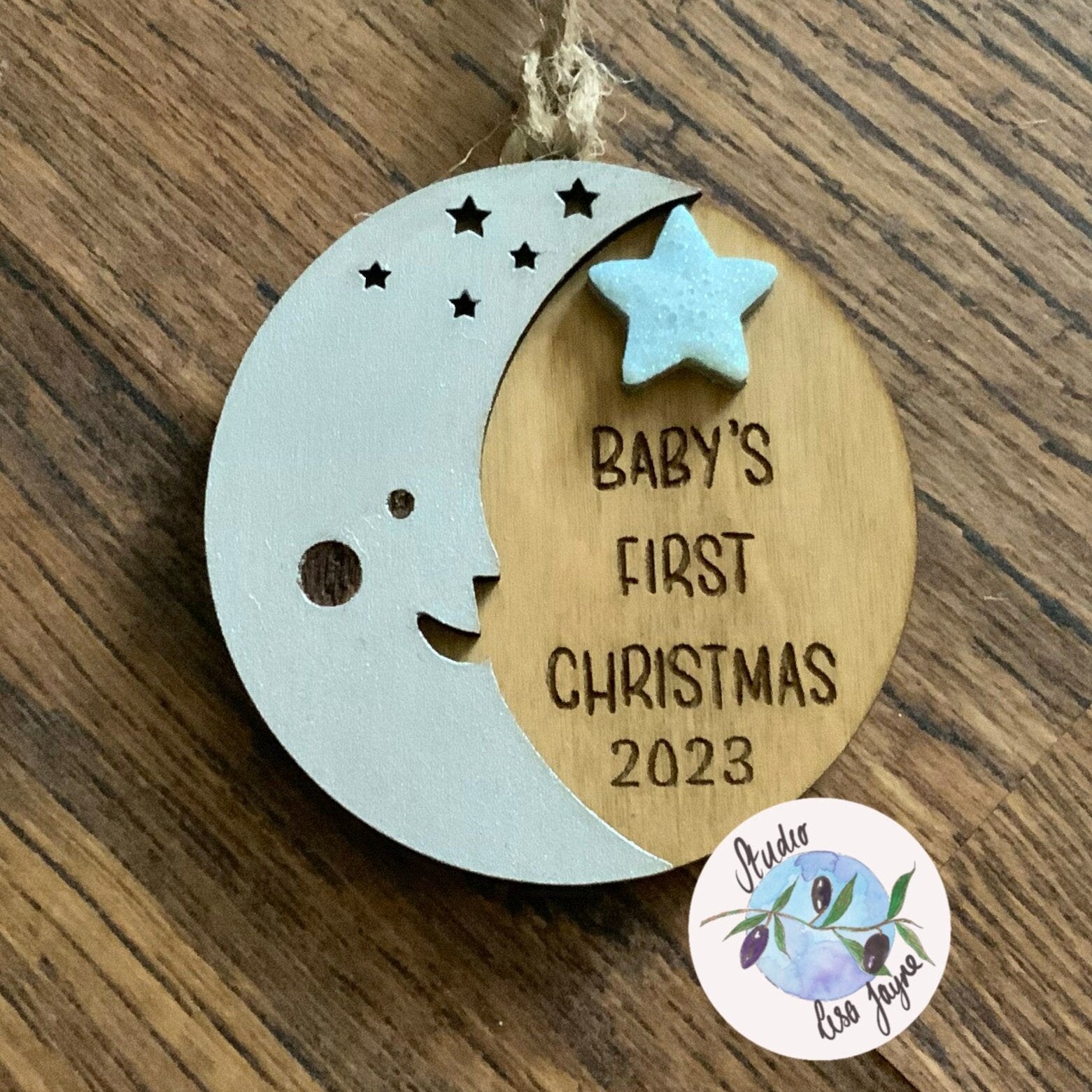 Baby First Christmas Moon Blue with Year Wooden