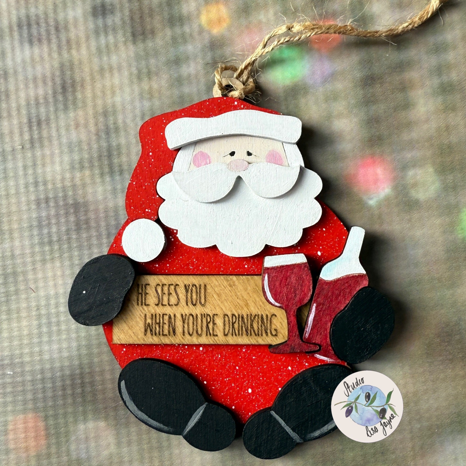 Bad Santa - He sees you when you're drinking - Tipsy with Wine Christmas Tree Decoration Tree Ornament Funny Adult Gift Drunk