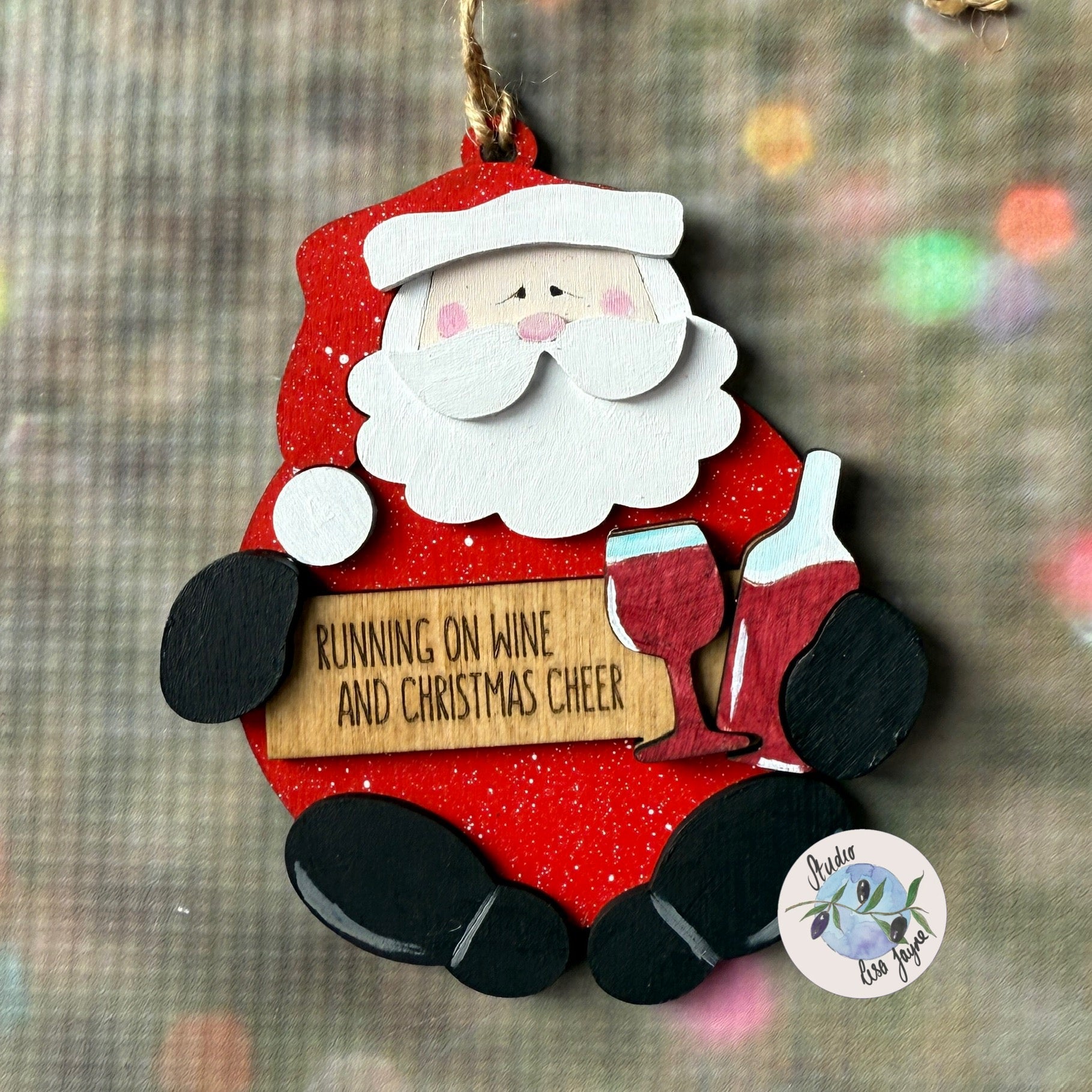 Bad Santa - Running on wine and Christmas cheer - Tipsy with Wine Christmas Tree Decoration Tree Ornament Funny Adult Gift Drunk