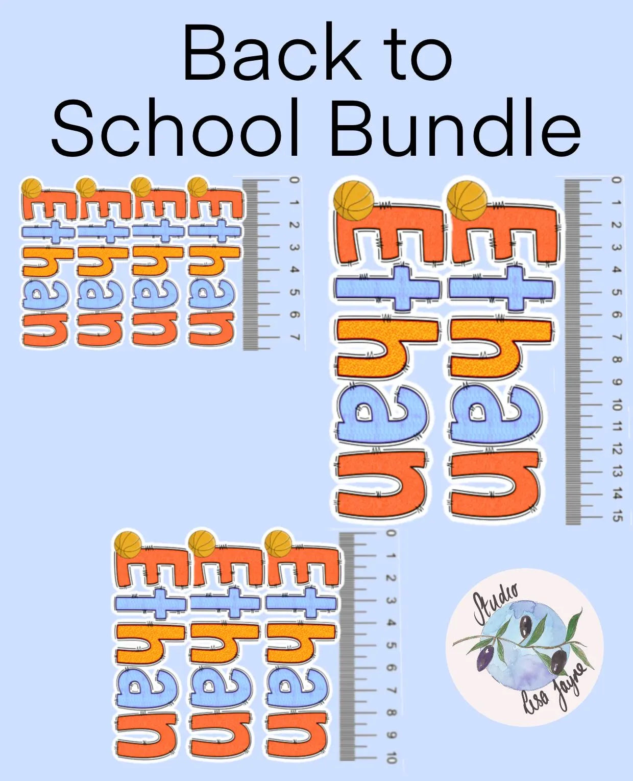 Personalized 'Ethan' name stickers with a ruler on a light blue background, labeled 'Back to School Bundle'.