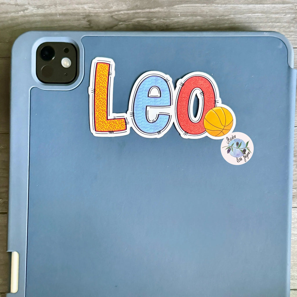iPad tablet case with 'Leo' in colourful personalised basketball sticker