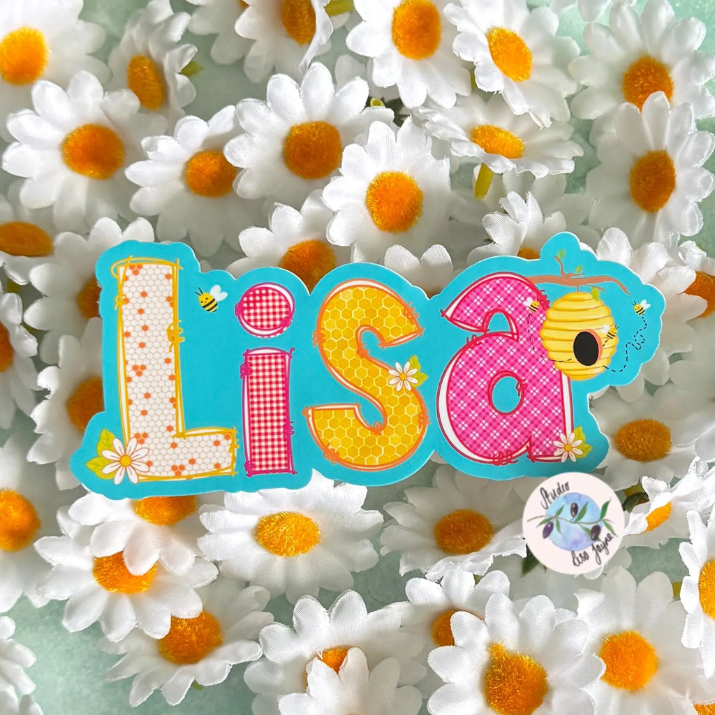 Colorful name 'Lisa' with bee designs on a background of white flowers with orange centers.