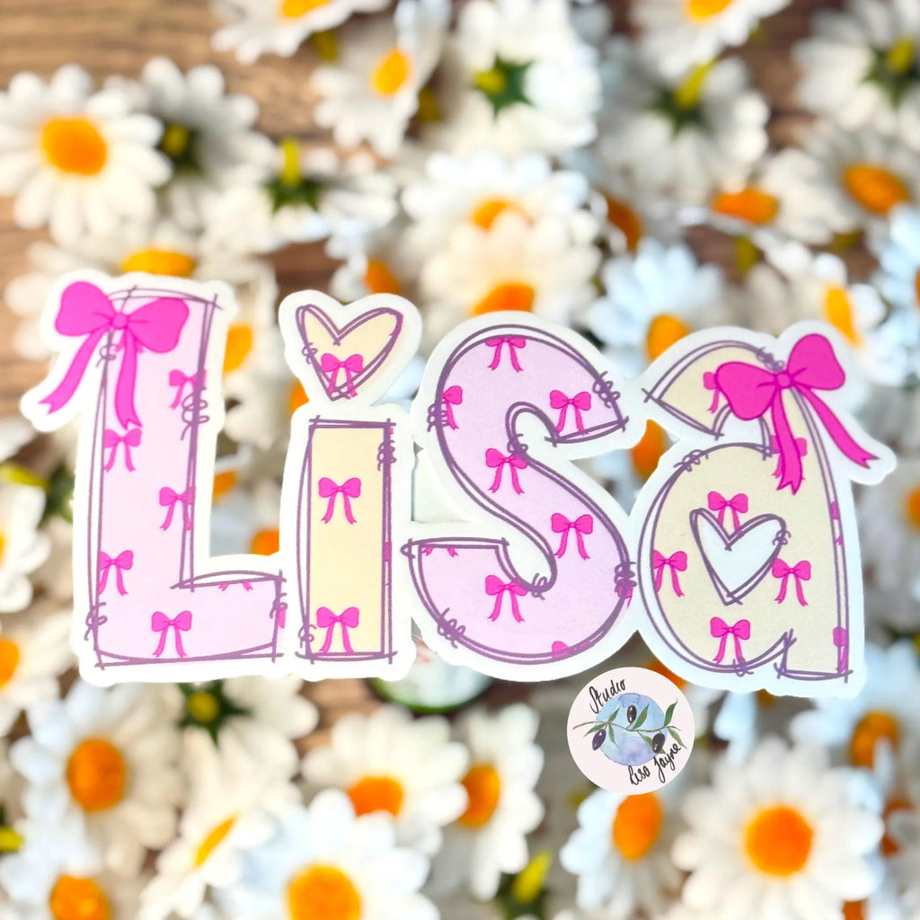 Sticker with 'LISA' text and decorative cute pink bow elements on a floral background